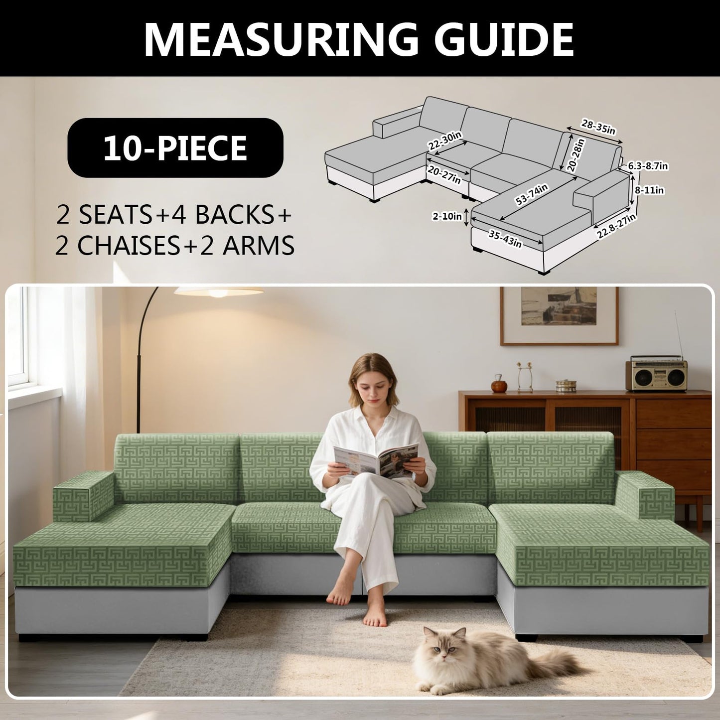 UNBBRRL 10 Pieces Stretch Sofa Cushion Covers for U-Shaped Modular Sectional Couch with 4 Seats+4 Backs+2 Arms, Upholstered Covers for Sofa Bed with Deep Double Chaise (Avocado,10 Pieces Set)
