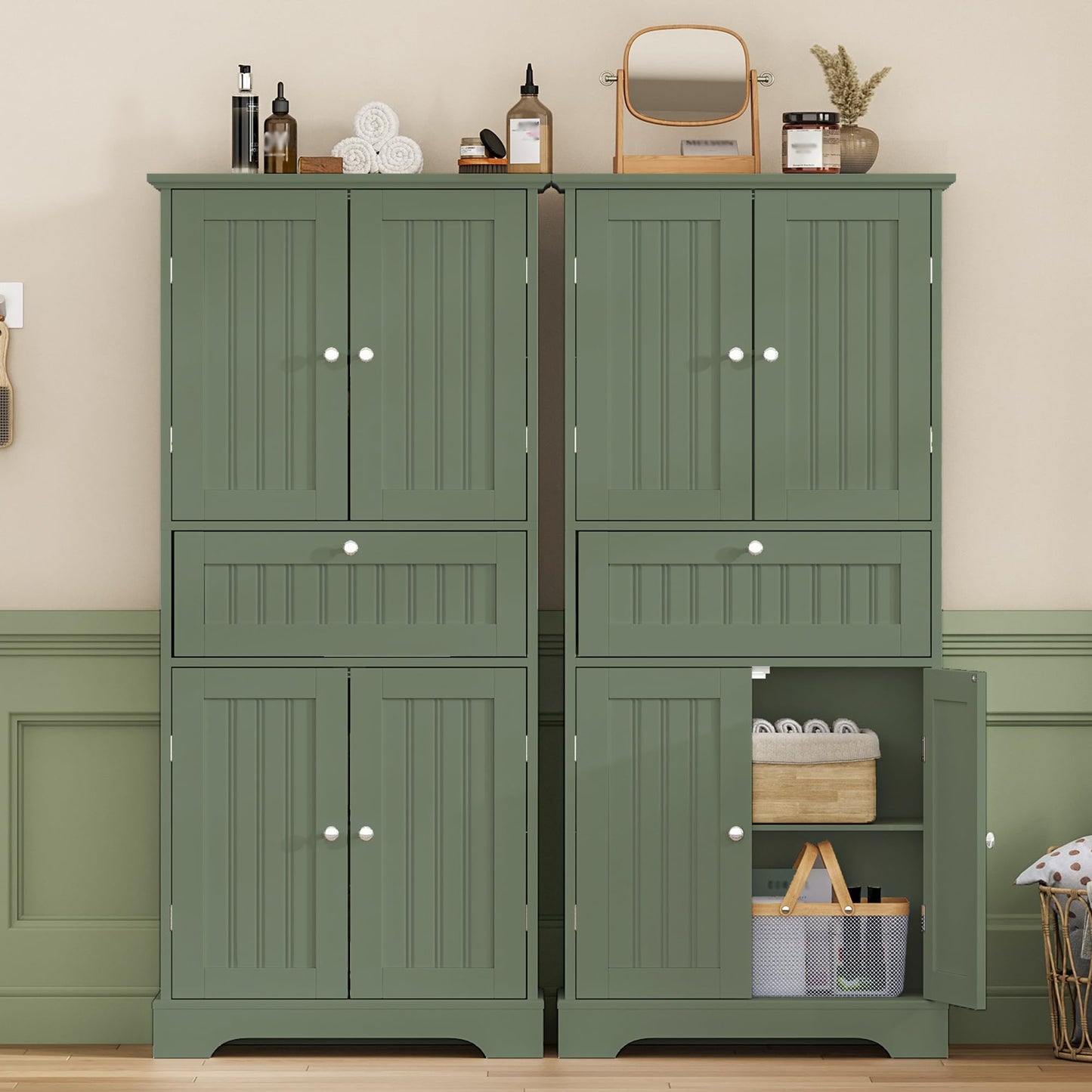 ChooChoo 51" H Tall Bathroom Floor Cabinet, Modern Bathroom Storage Cabinet with Drawer and Adjustable Shelves, Freestanding Kitchen Pantry Cupboard with 4 Doors for Living Room, Green