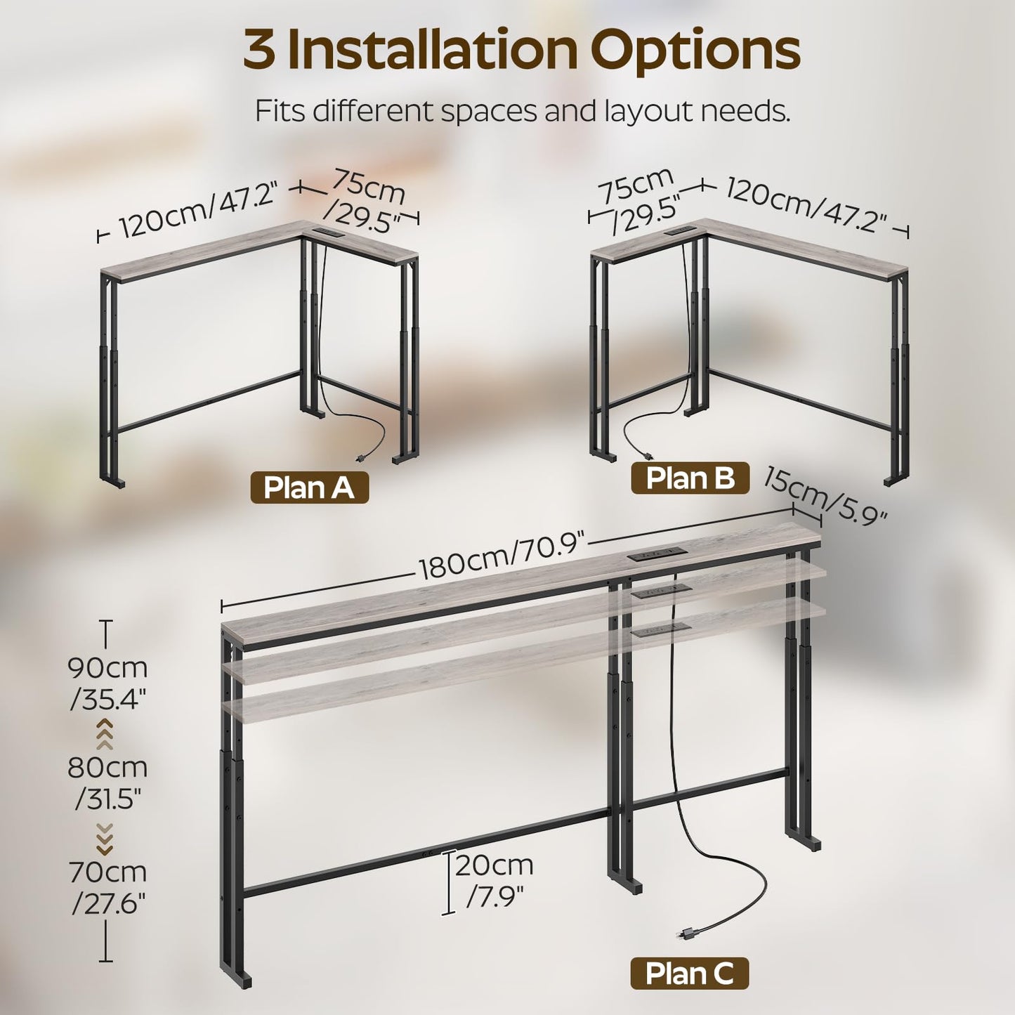 YATINEY 70.9" Narrow Console Table with Adjustable Height (27.6"-35.4"), L Shaped Sofa Table Narrow Long, Skinny Behind Couch Table with USB-C Ports, 5.9" Wide Sofa Side Table, Greige CT28UBG