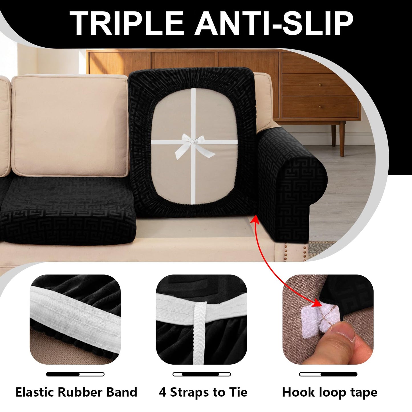 UNBBRRL 10 Pieces Stretch Sofa Cushion Covers for U-Shaped Modular Sectional Couch with 4 Seats+4 Backs+2 Arms, Upholstered Covers for Sofa Bed with Deep Double Chaise (Black,10 Pieces Set)