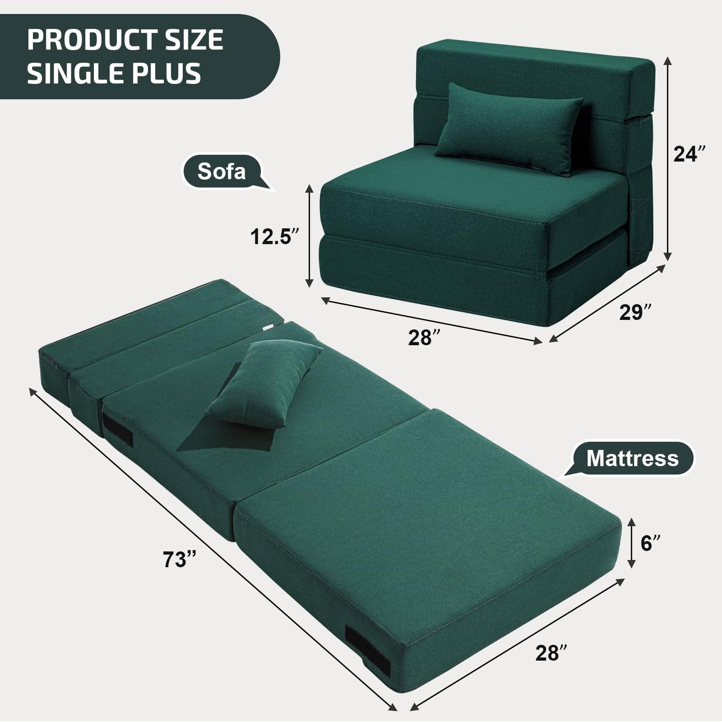 SUYOLS Folding Sofa Bed with Pillow- Convertible Chair Floor Couch & Sleeping Mattress, Foldable Memory Foam Sleeper for Living Room/Dorm/Guest Room/Home Office/Apartment/Loft, Single28, Dark Green