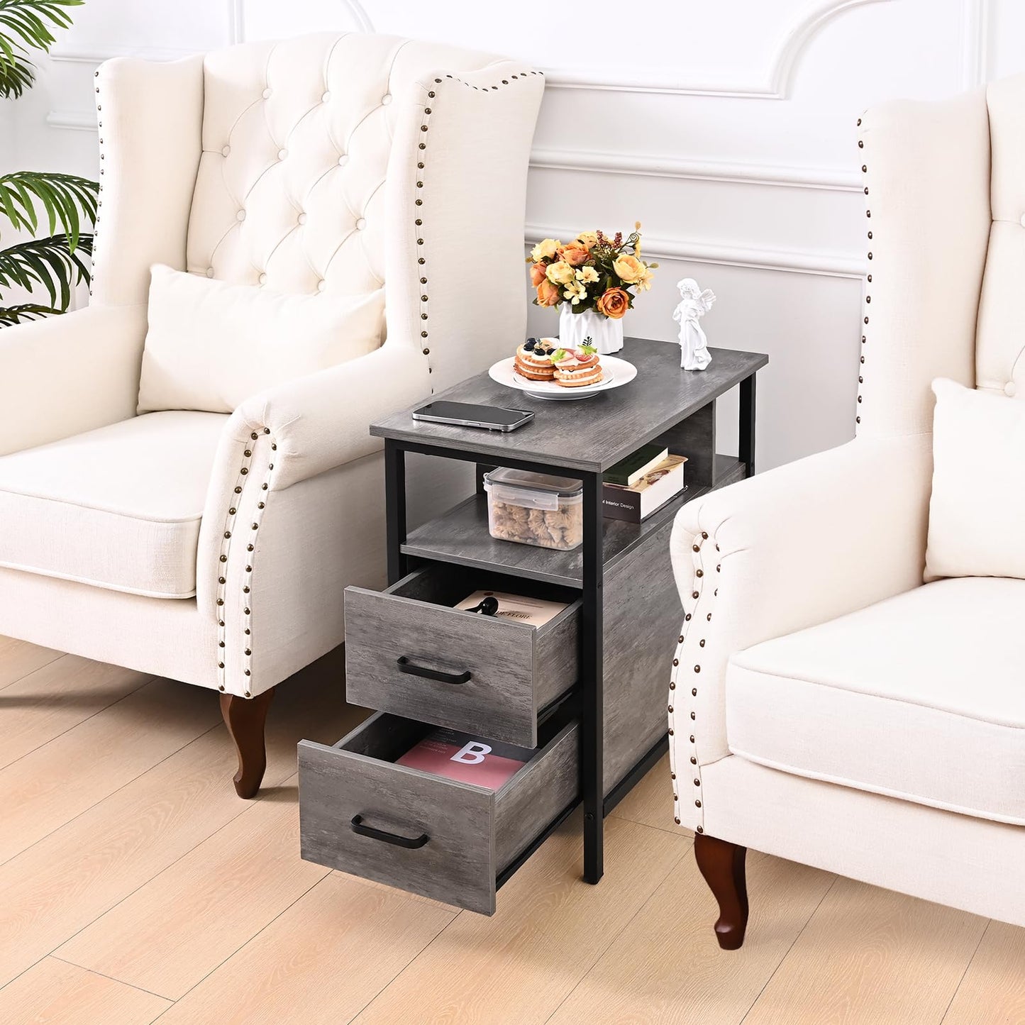 Livofloral Side Table, Gray End Tables with Charging Station, Narrow End Table with Wooden Drawers, USB Ports and Power Outlets, Nightstand and Bedside Table, Side Table Living Room, Bedroom