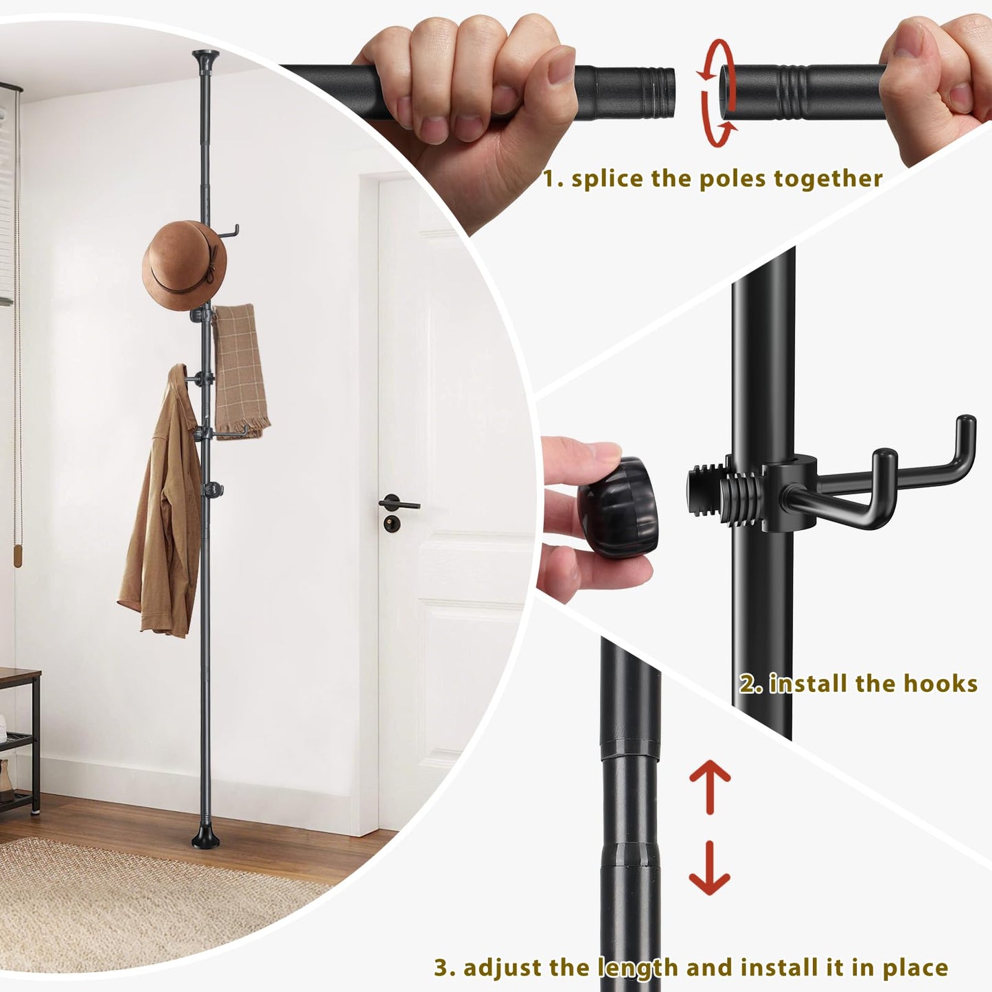 TAILERNRUYE Coat Rack Freestanding,Adjustable 56-125 inch Tension Rod Coat Tree 12 Hooks Hanger Stand for Coat Hat Bedroom Livingroom Kitchen Bathroom Apartment Entryway Hall Office Black