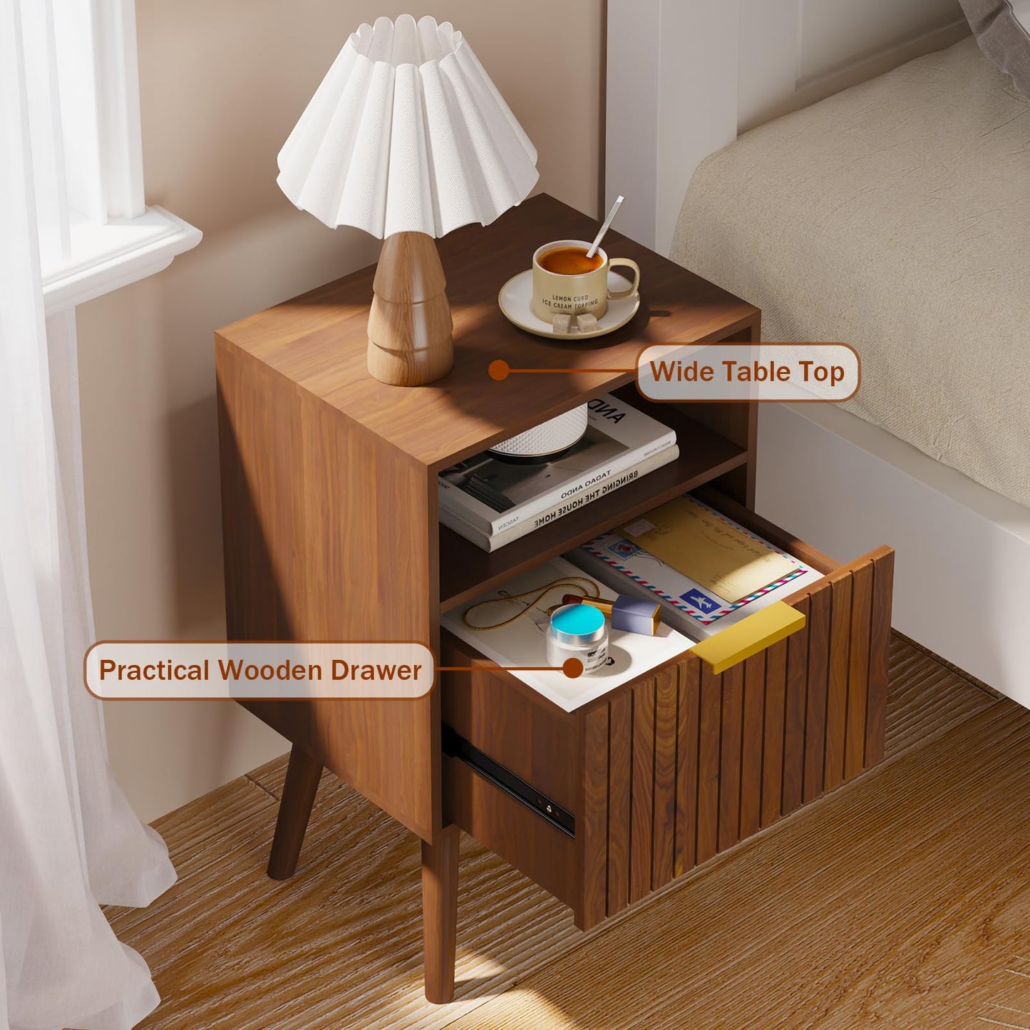 Aenuert Nightstand, 2-Tier Night Stand with Drawer, Wooden Bedside Table for Bedroom Study Room Small Spaces, Rustic Brown