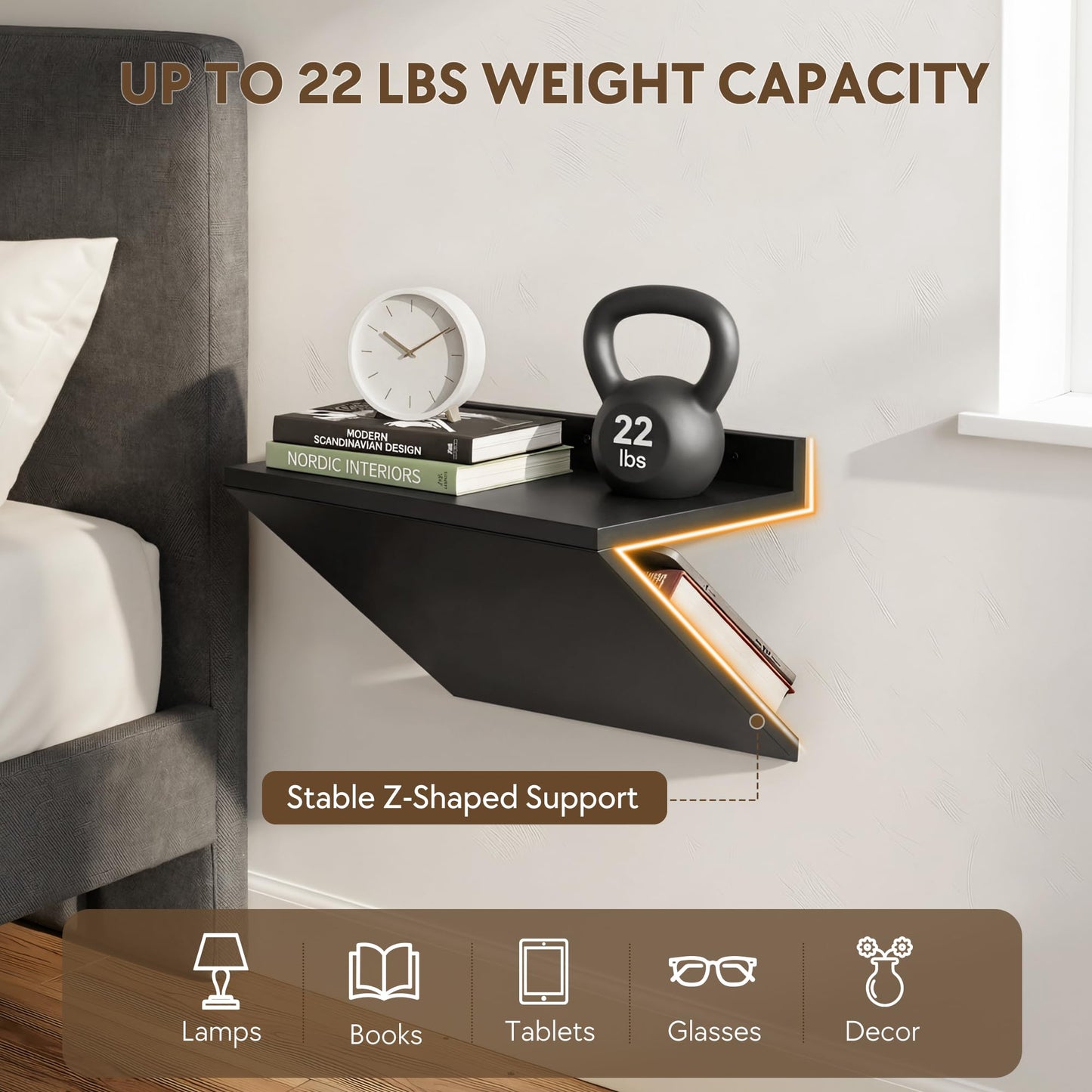 Petrala Floating Nightstand Set of 2, Black Wooden Bedside Table Wall Mount Nightstands Modern Side Table Wall Shelf Narrow Floater Night Stand Hanging End Table Z-Shape with Cable Hole for Bedroom