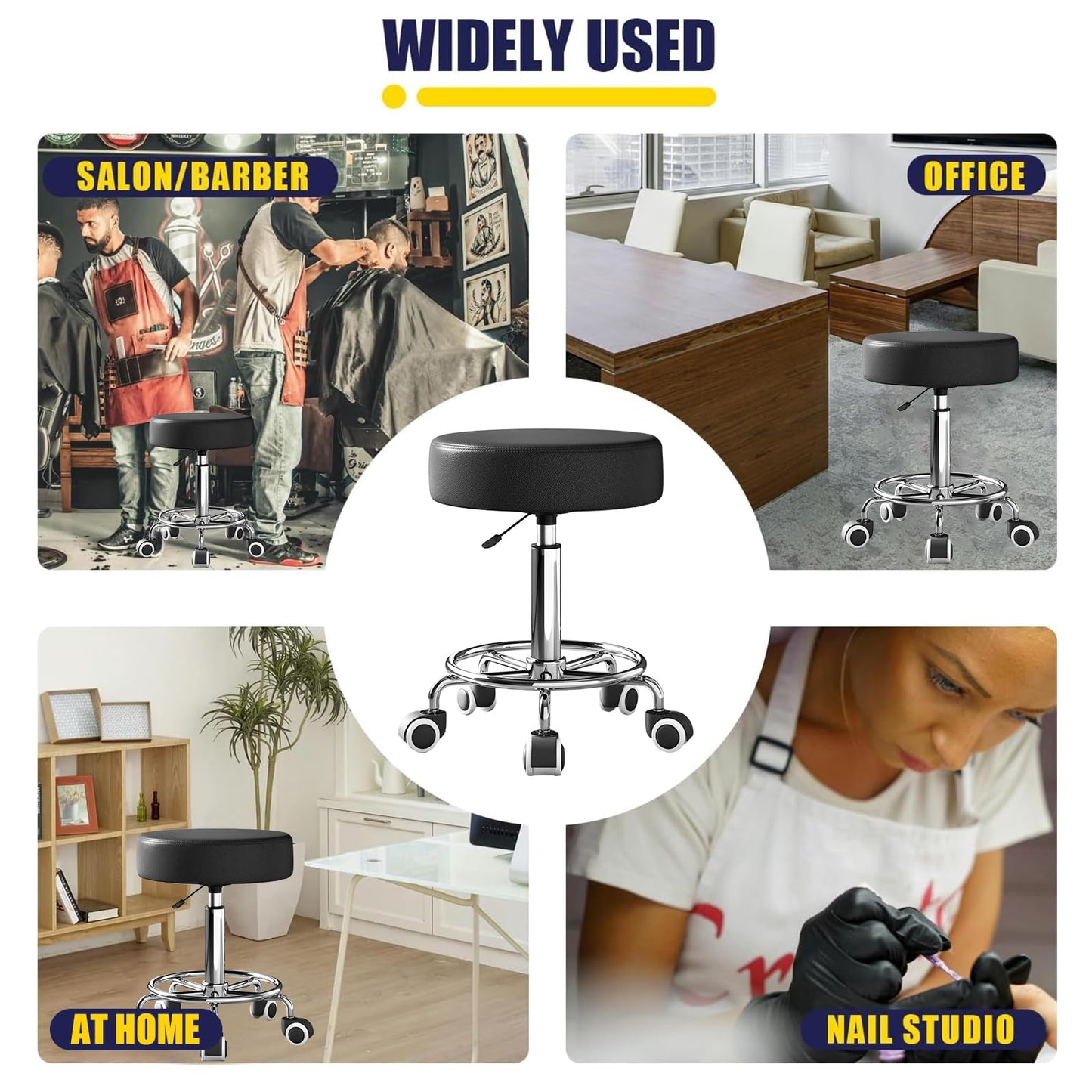 Rolling Stool, Heavy Weight Capacity 250lb, PU Leather Rolling stools, Ultra Soft Padded Seat, Rolling Stools with Wheels and Footrest, 360° Swivel, Spa Drawing Salon Work Office Tattoo Stool (black)