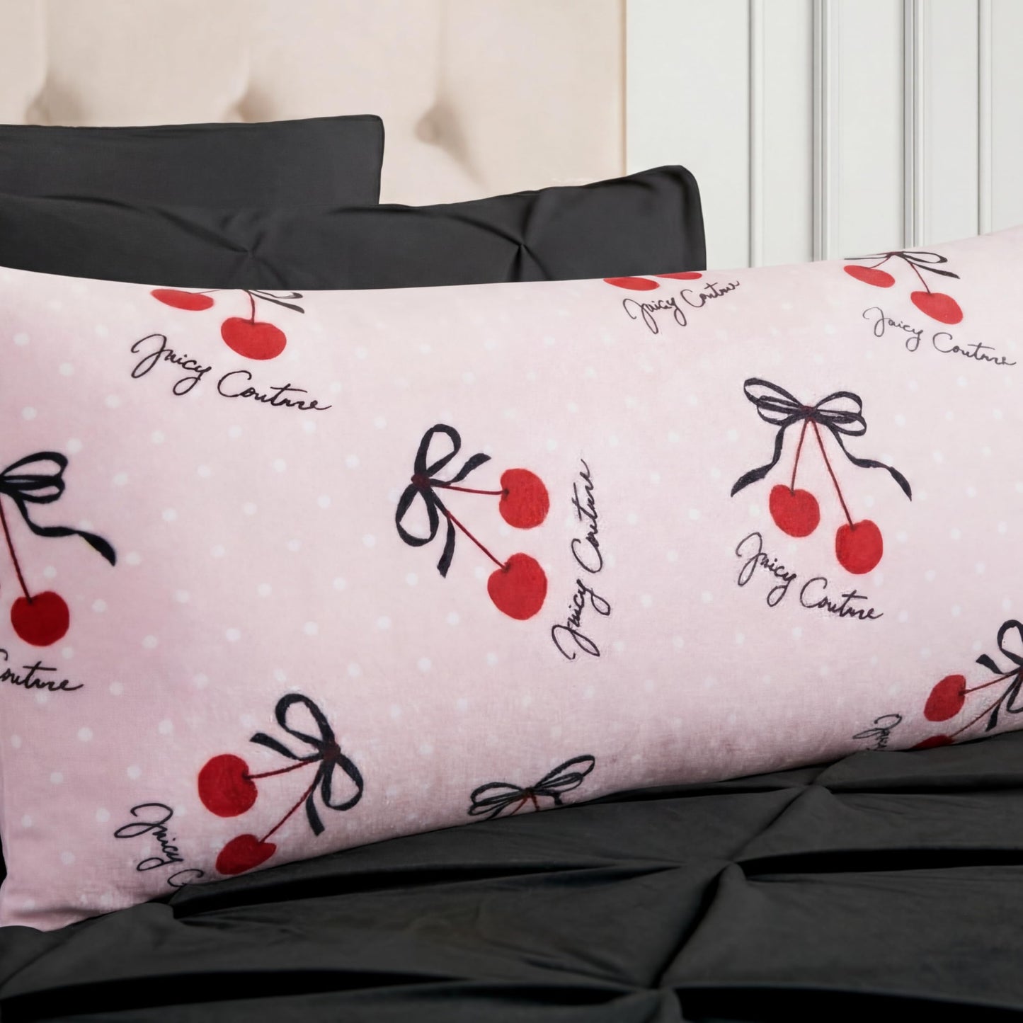 Juicy Couture 20" x 48" Plush Body Pillow, Cherry Bows Pink