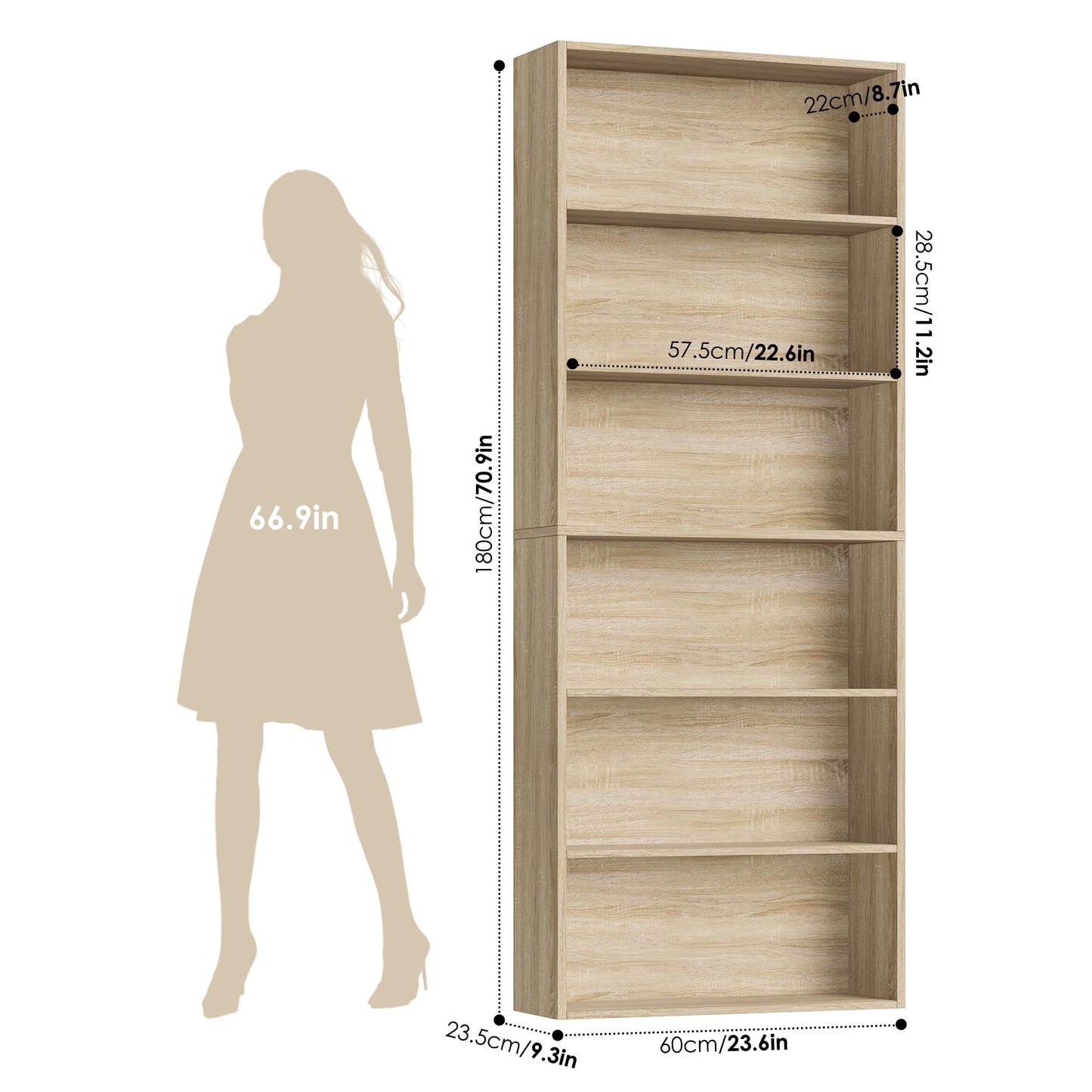 FOTOSOK 6-Tier Open Bookcase and Bookshelf, Freestanding Display Storage Shelves Tall Bookshelf Bookcase for Bedroom, Living Room and Office, Light Oak