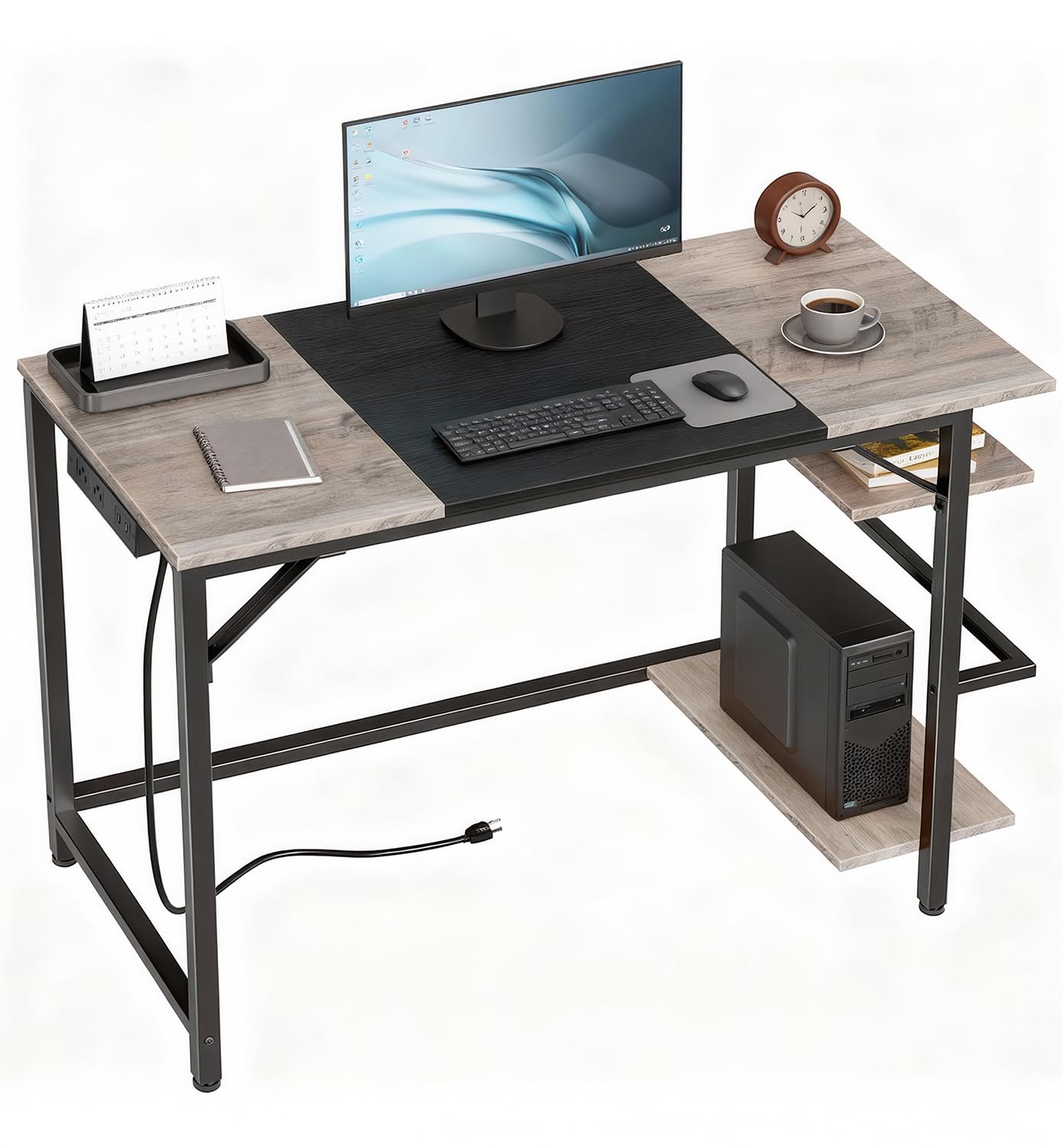 HOOBRO Small Computer Desk, Home Office Desk with Power Outlet, Writing Desk with 2 Shelves, Modern Small Desk for Home Office, Study, Easy to Assemble, Charcoal Gray and Black BG43UDN01