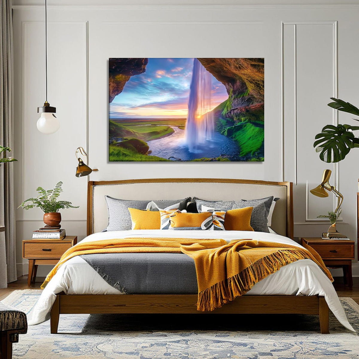 Landscape Canvas Wall Art Waterfall Pool at Sunset Picture Nature Scenery Painting Rustic Landscape Prints for Living Room Bedroom Bathroom Home Office Decor Framed(Nature-7,12.00"x18.00")