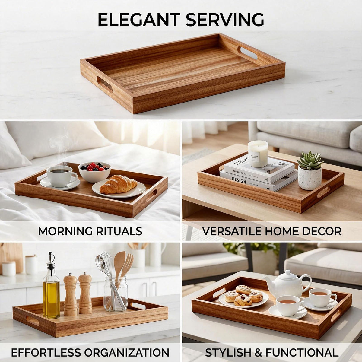 Krismax Wooden Serving Tray with Handles, Rustic Brown Rectangular Serving Platter 15.7x11.4 Inch for Coffee Table, Decorative Storage Tray