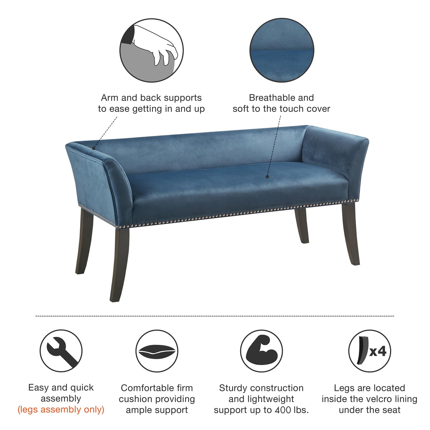 Madison Park Accent Bench, Upholstered with Nailhead Trim, & Padded Seat Entryway Bench Small, End of Bed Bench with Back, 49.5" W x 19.25" D x 23" H, Blue
