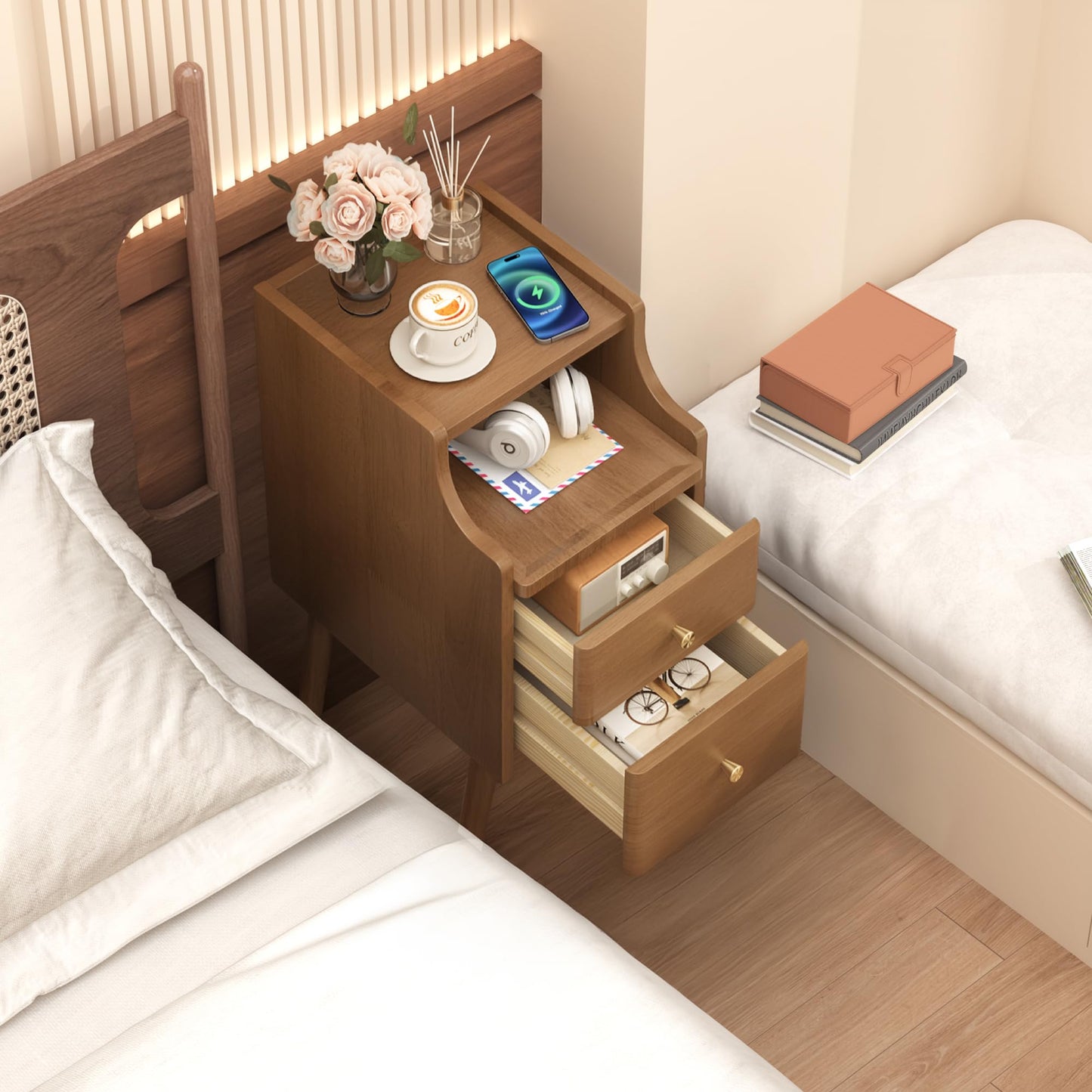 Narrow Nightstand Set of 2, Solid Wood Night Stand with 2 Drawers, Walnut Mid Century Modern Nightstand, Small Bedside Table with Open Storage Shelf for Bedroom (10 Inch)