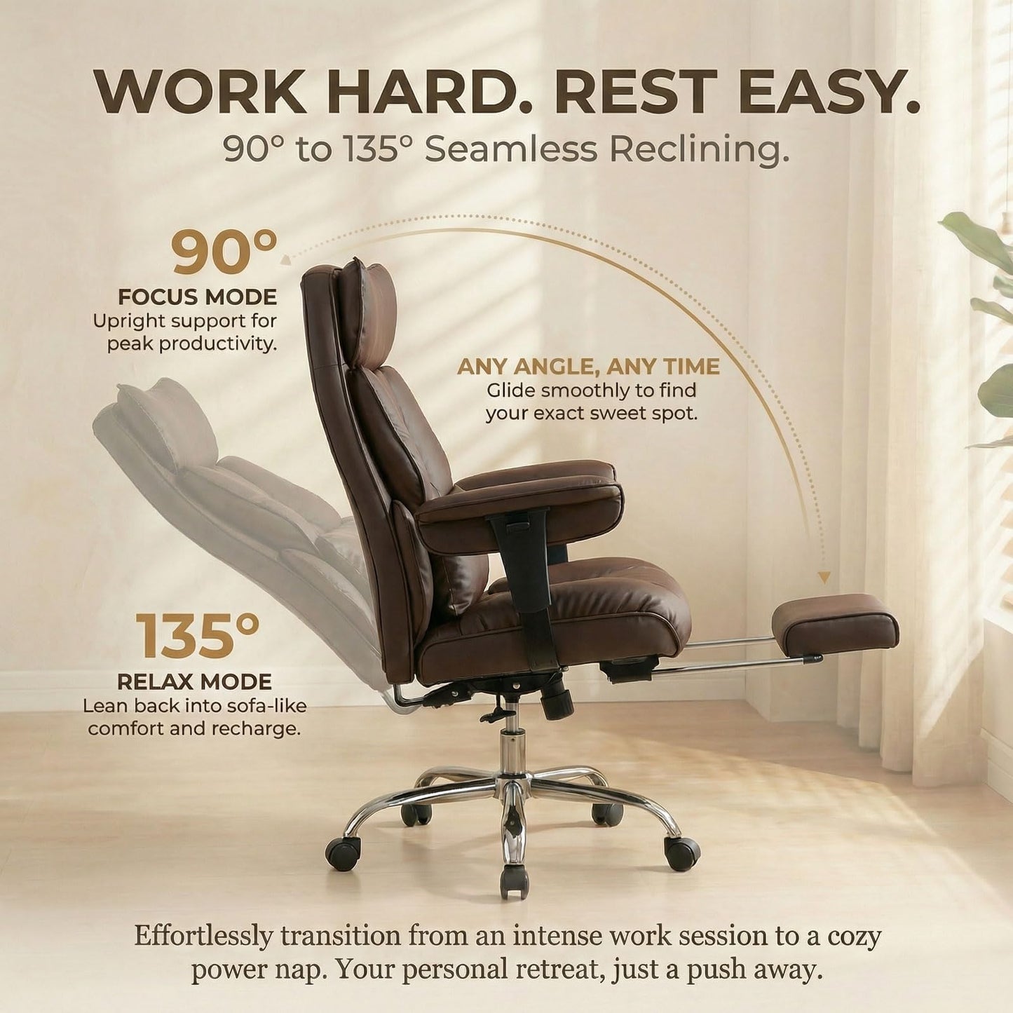 Efomao Big and Tall Office Chair 400lbs - Heavy Duty Reclining Desk Chair with Footrest, Spacious High Back PU Leather Executive Office Chair, Double-Layer Spring Support, Brown