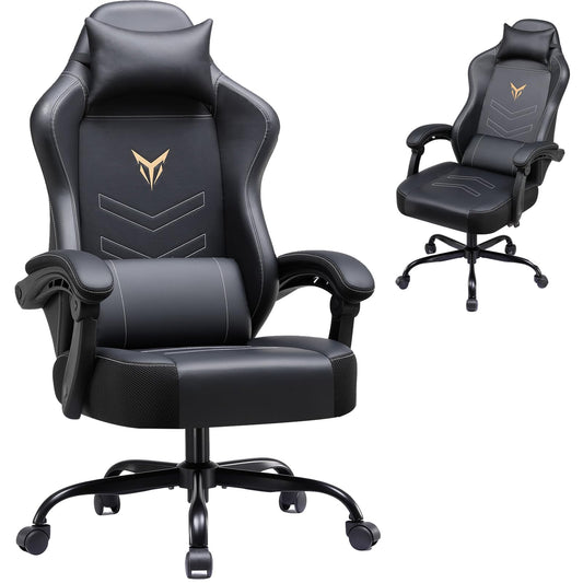 GTPLAYER Gaming Chair, Office Chair High Back Computer Chair for Adults, Leather Desk Chair Executive Ergonomic Height Adjustable with Headrest and Lumbar Support, 300lbs Black