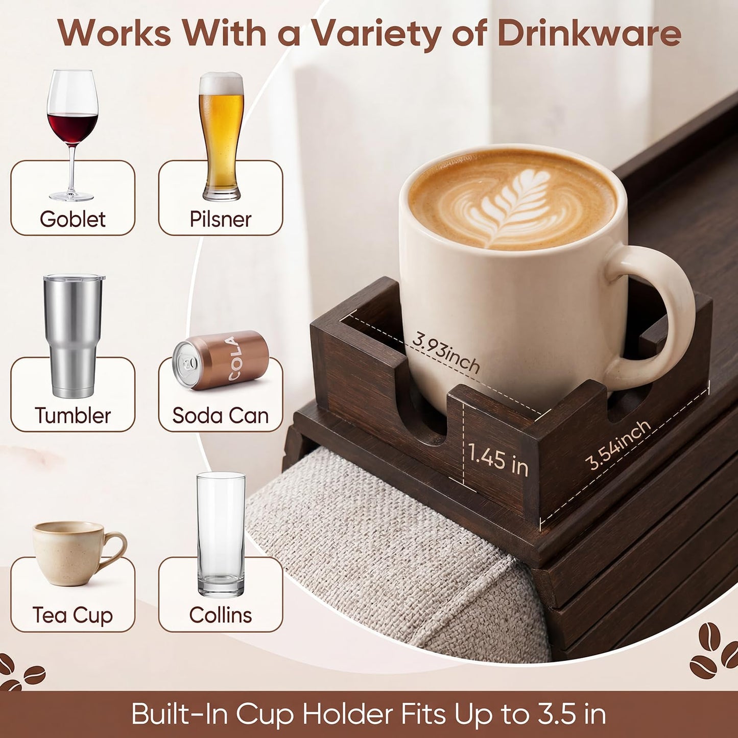 Dumbpec Bamboo Couch Arm Tray Table with Built-in Cup Holder, Foldable Anti-Slip Sofa Armrest Table for Drinks, Phone & Remote, Fits 4.7–16.9 in Armrests, Holds Cups up to 3.5 in Diameter (Brown)