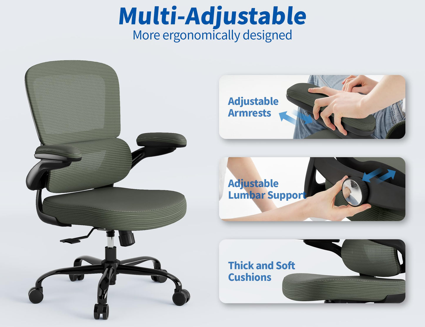 TRALT Ergonomic Office Chair - Desk Chair with Adjustable Lumbar Support Computer Chair - Mesh Comfy Chair with Flip-up Armrests - Gaming Chairs for Adults Home Office (PU Leather, Dark Green)