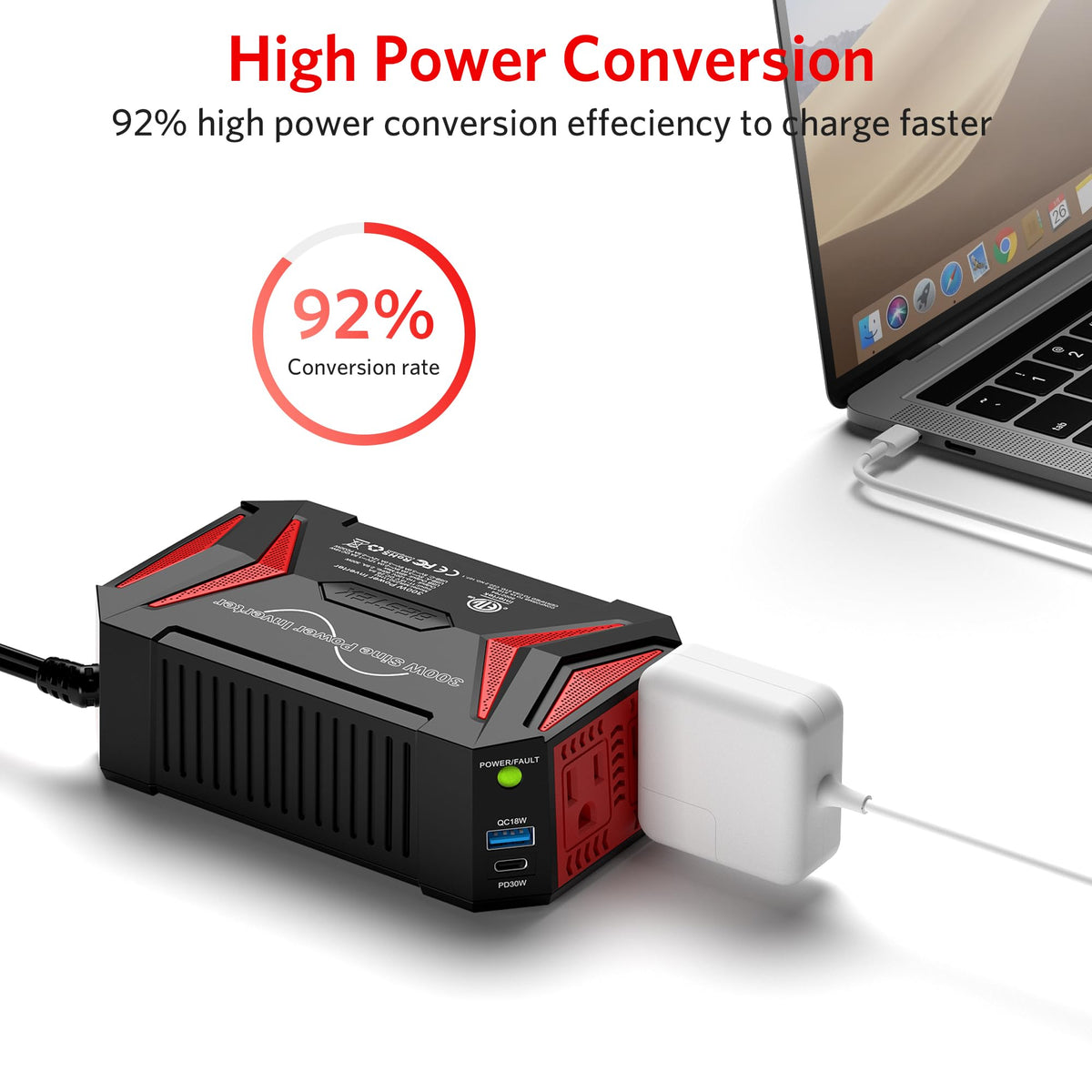 BESTEK 300W Pure Sine Wave Power Inverter - DC 12V to 110V AC Car Converter Plug Adapter Outlet with PD30W USB-C Fast Charger, Vehicle Cigarette Lighter Adapter for Laptop