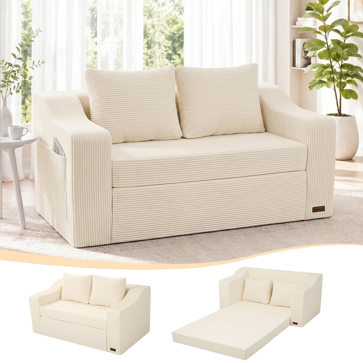 MeMoreCool Convertible Sofa Bed, Pull Out Loveseat Sofa Sleeper Couch for Bedroom Living Room Lounge, 2 in 1 Small Couch Bed with Pillow, Foldable Love Seat Futon Corduroy Beige
