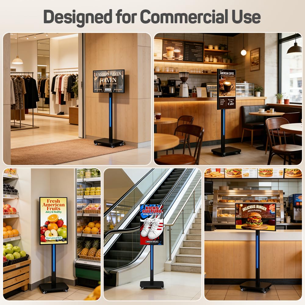 JASZDOT 32 Inch Digital Signage Display on Wheels, Portable LCD Touch Digital Kiosk with Adjustable Rolling Stand, Phone App Control Android 14 Advertising Display Poster, Auto Media Player, HDMI/USB