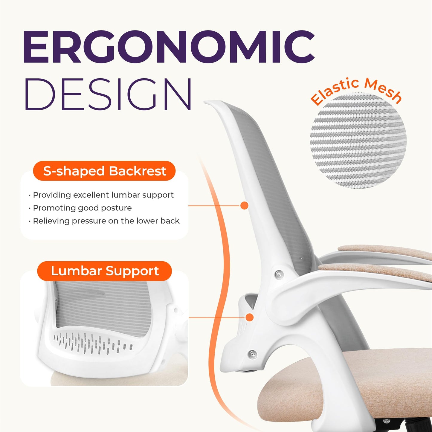 NEO CHAIR Office Desk Gaming Ergonomic Computer Chair with Lumbar Back Support Adjustable Height Swivel Rolling Wheels Flip-up Arms Mesh Chair for Home Vanity (Beige)