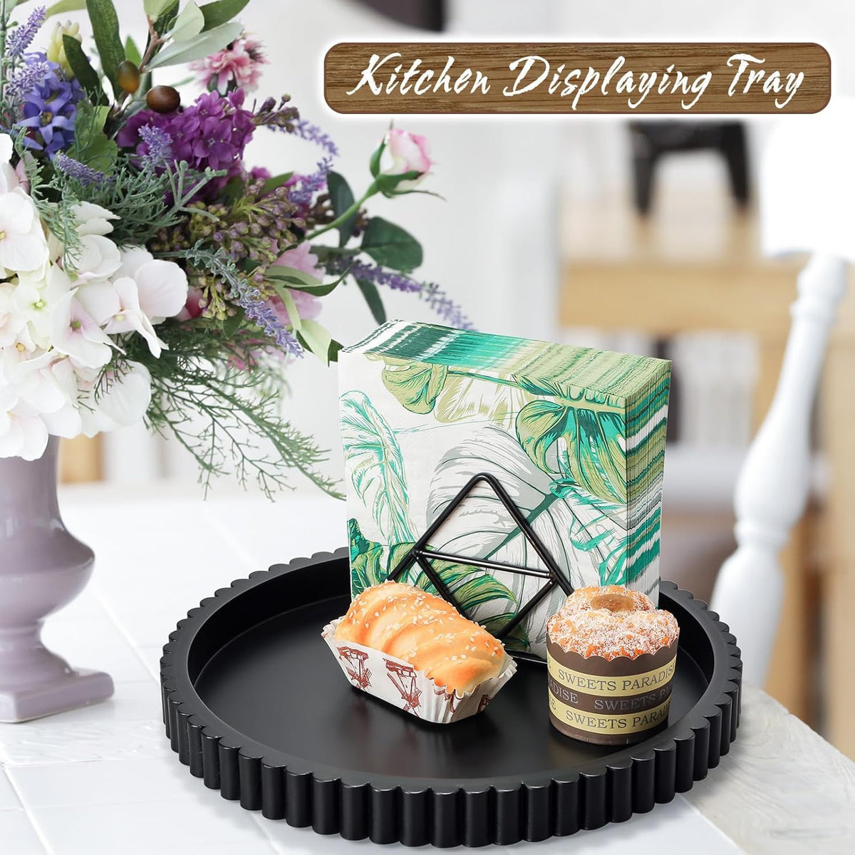 Handmade 12in Decorative Tray for Coffee Table Tray Decor, Black Wooden Decorative Round Tray for Kitchen, Living Room, Home Decor