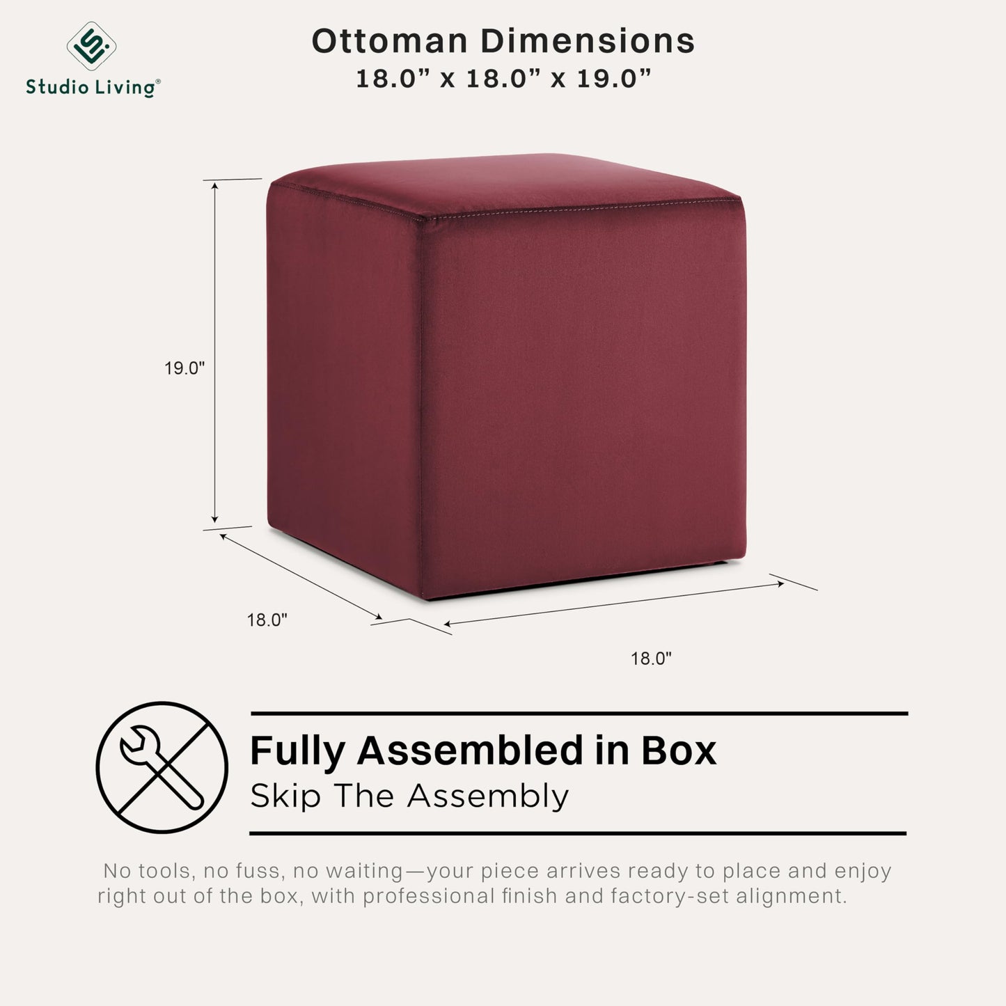 Studio Living® 18” Warren Ottoman Square Soft Velvet Bench, Stationary Ottomans, Backless Chair, Footrest for Living Room, Footstool Office, Bedroom, Padded Seat, Plum
