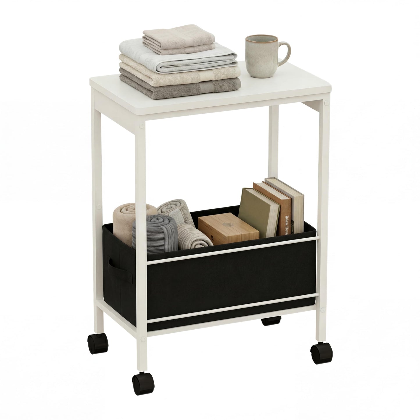 BAKLAM White Rolling Side Table with Storage Basket, Narrow End Table on Wheels for Small Spaces, 15.75" D x 9.84" W x 22.05" H Sofa Side Table with Fabric Bin for Living Room and Bedroom