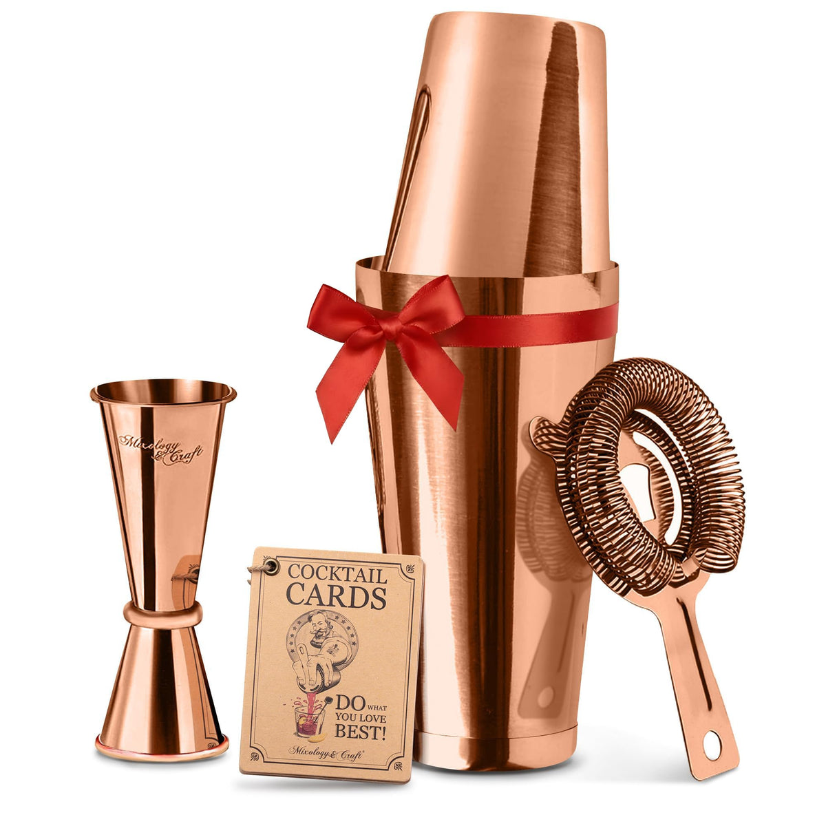 Mixology & Craft Cocktail Shaker Set Boston Shaker, Strainer and Japanese Jigger, Portable Bar Set for Home Bartending (Copper)
