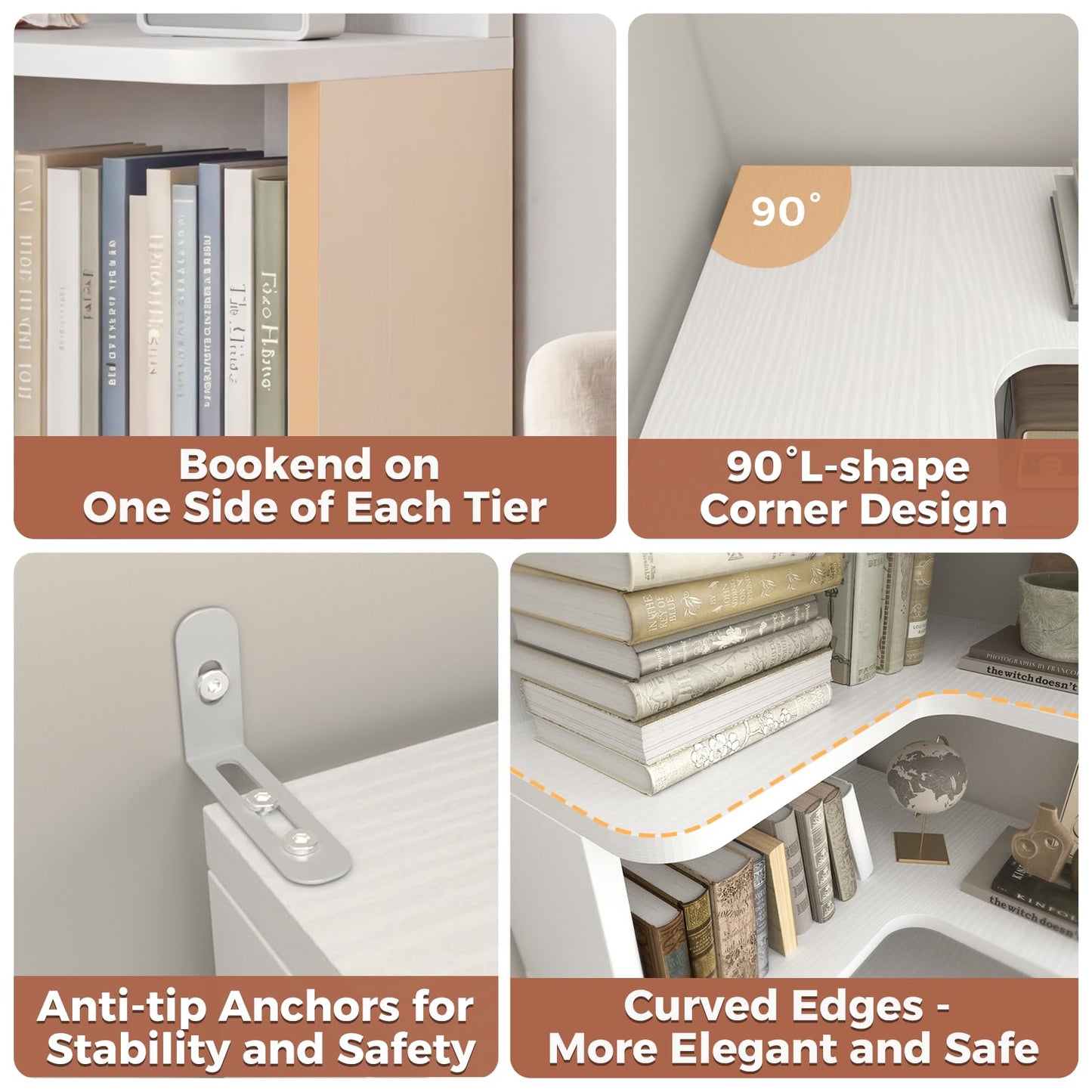 Besiost Corner Book Shelf, 6-Shelf Corner Bookshelf for Small Corner Spaces, L-Shape Bookcase Corner Display Shelf for Home Office, Living Room, Bedroom, White
