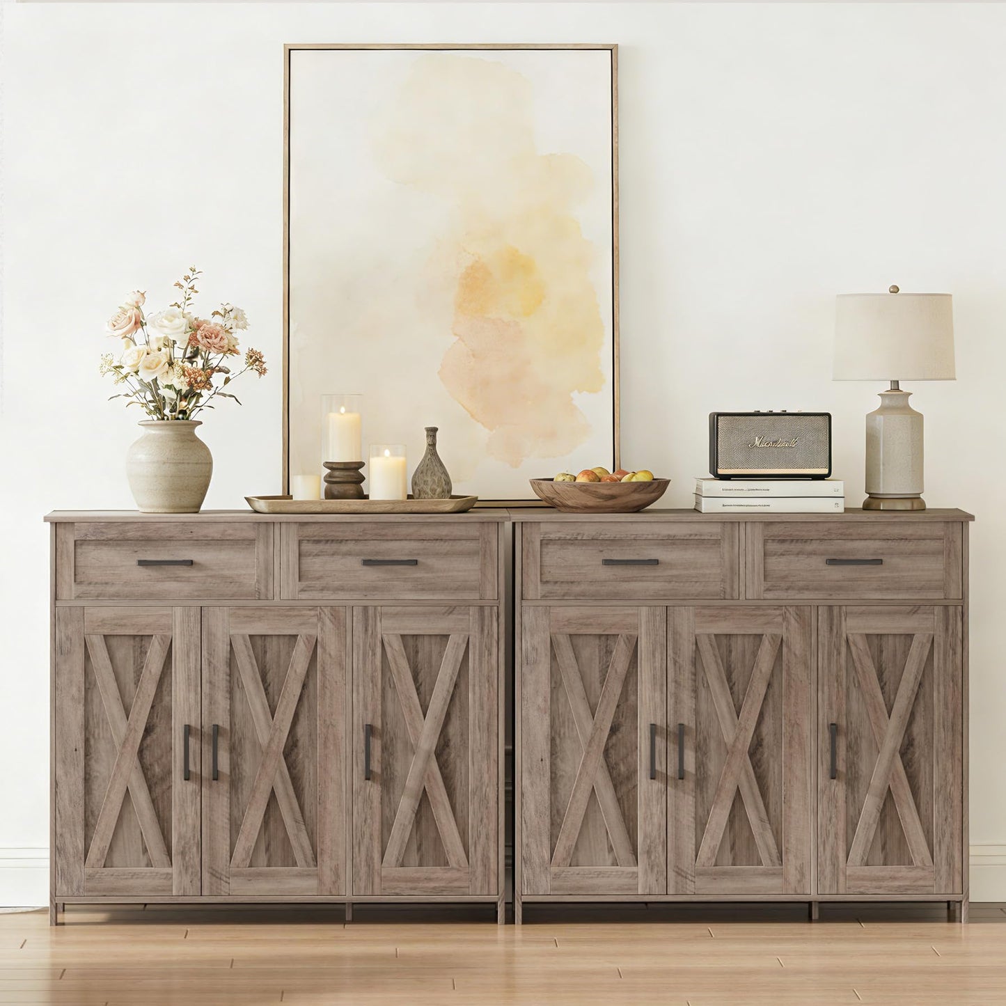 Homhedy Sideboard Buffet Cabinet, Coffee Bar Storage Cabinet with Drawers and Doors, Farmhouse Kitchen Cabinet with Adjustable Shelves, for Kitchen, Dining Room, Living Room, Greige