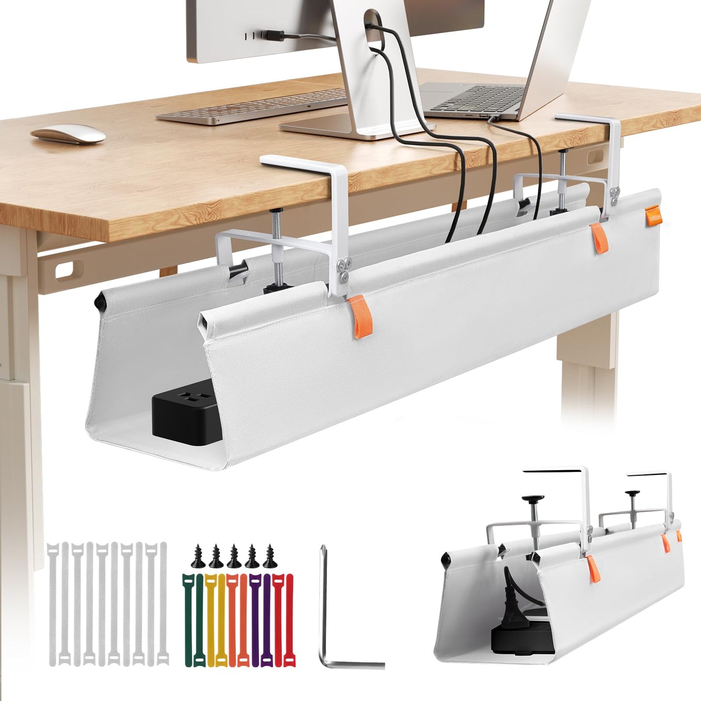 SUREUP9 Under Desk Cable Management Tray, 36" No Drill Cable Management Under Desk, Storage Table Under Desk Organizer with Clamp/Screws, Standing Cord Organizer Tray White Fabric for Home Office