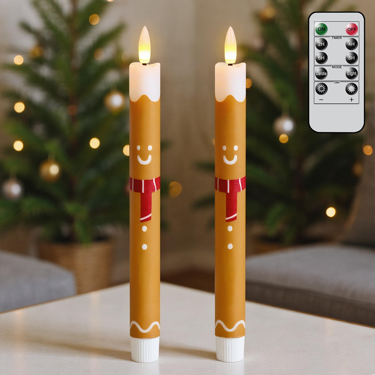 Lasumora Gingerbread Man LED Flameless Taper Candles, 2 Pack with 6H Timer, 3D Flickering Flame, Plastic, Brown