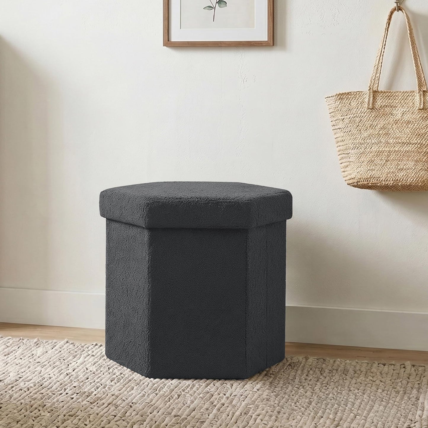 ZOLANOful Hexagon Storage Ottoman, Foldable Boucle Footrest with Hidden Storage, Upholstered Ottoman Footstool for Living Room, Bedroom, Dorm, Entryway, 15 x 16.9 x 15 Inches, Darkgrey