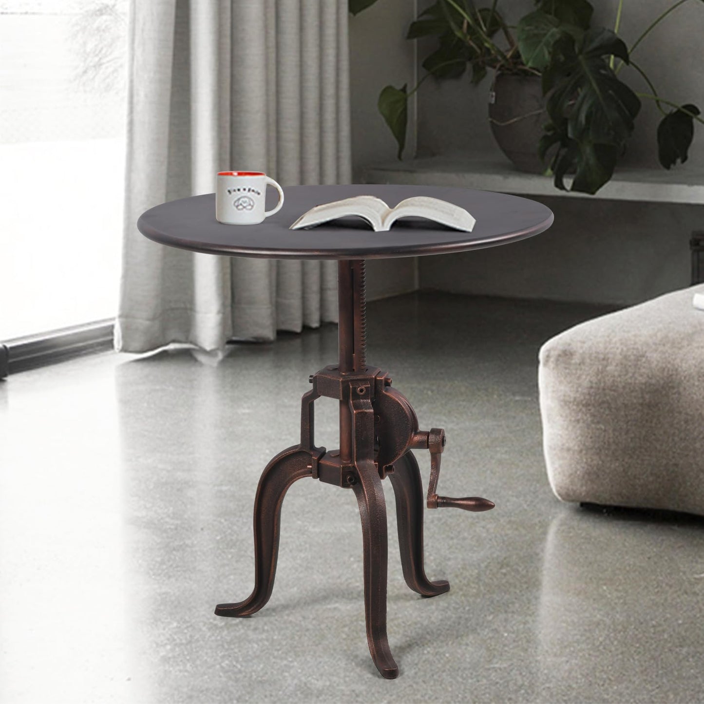 Topower Industrial Retro Side Table Antique Mechanic Crank Height Ajustable Metal Top Three-Legged Farmhouse Accent End Table Copper