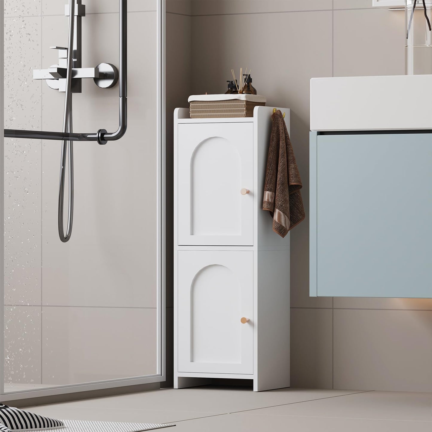 Arbuxzuy Small Bathroom Storage Cabinet,Corner Floor Cabinet with 2 Doors and Adjustable Shelf, Narrow Toilet Paper Cabinets with 2Hooks,Toilet Organizer for Small Spaces，7.87"D*9.84"W*29.72"H(White)