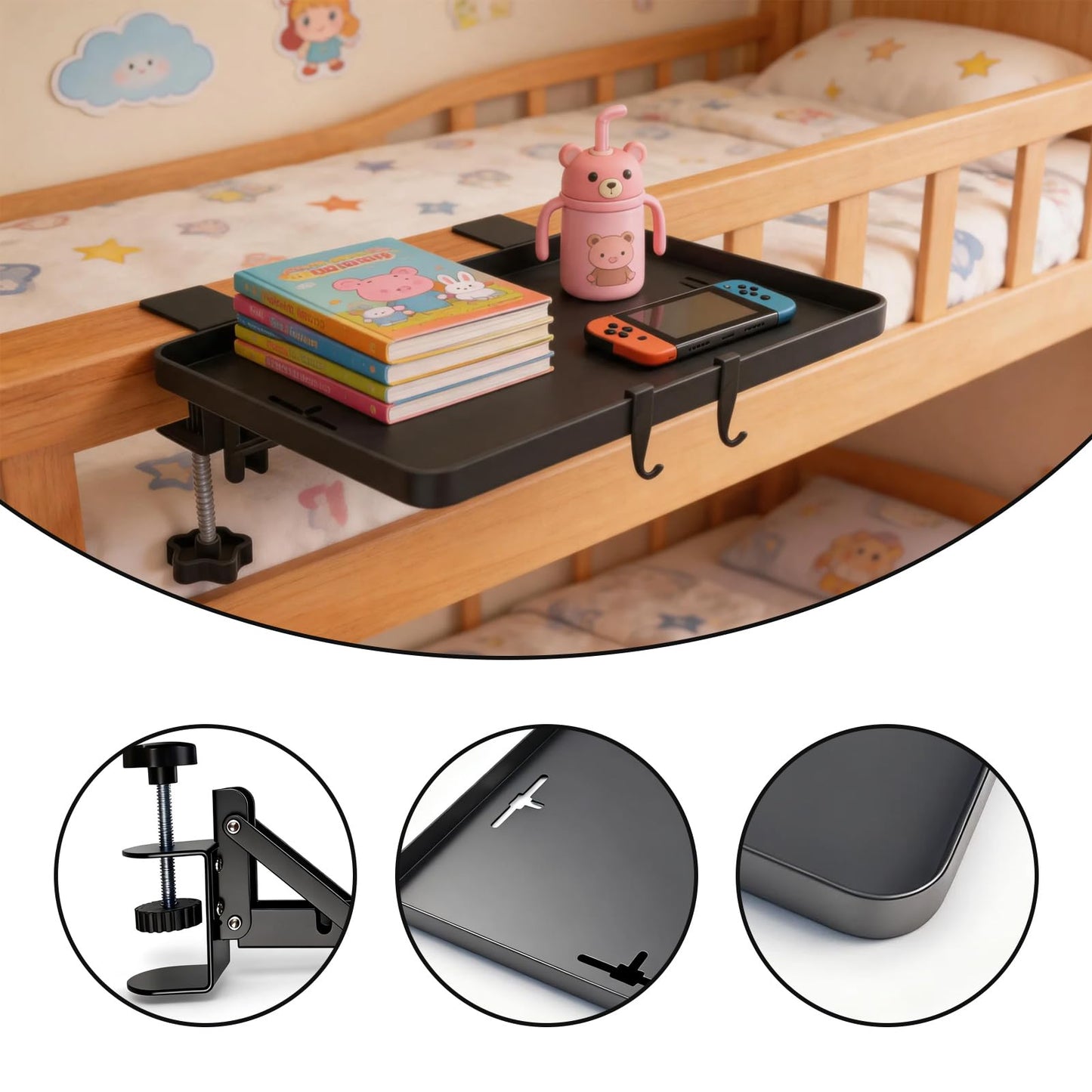 HLiikuikin Bed Shelf Clip-On, Sturdy Bedside Shelf Table Tray, Foldable Bed Side Organizer for Dorm Loft Bedroom（Black）