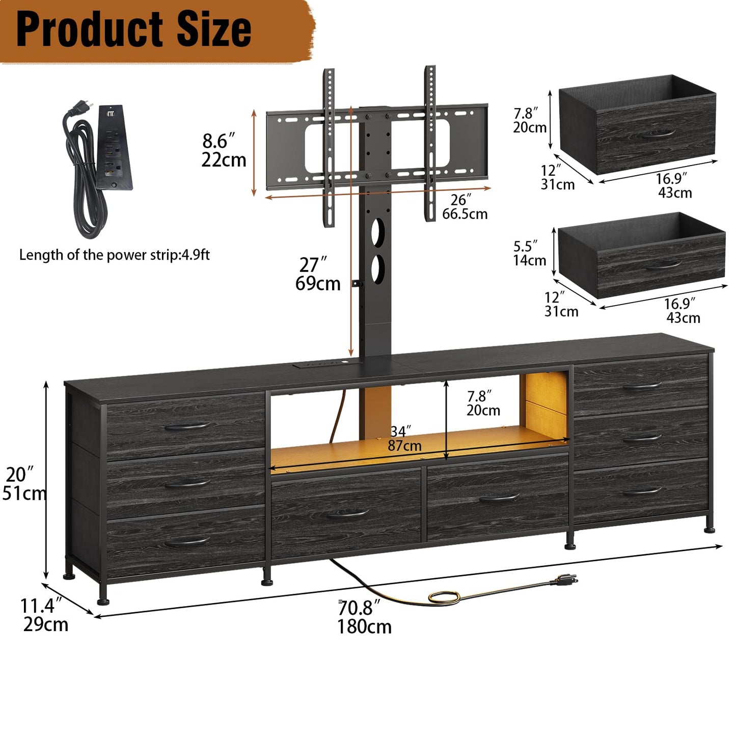 Welfuturer Large TV Stand with Power Outlet and LED Lights, Entertainment Center with 8 Drawers and TV Mount, Rustic Wood Media Console Table with Storage for Living Room, Bedroom (Black)