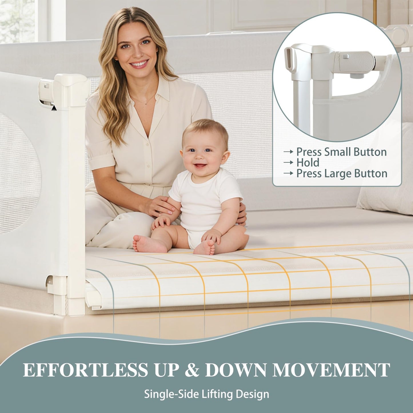 3 Piece Bed Rail for Toddlers, Bed Rails for King Bed, Double Lock Kids Bed Guard with Seamless Fit, Single-Side Lifting Design, Breathable Mesh & Thick Padded Cover (74.8*74.8*39 Inch- Twin Size)