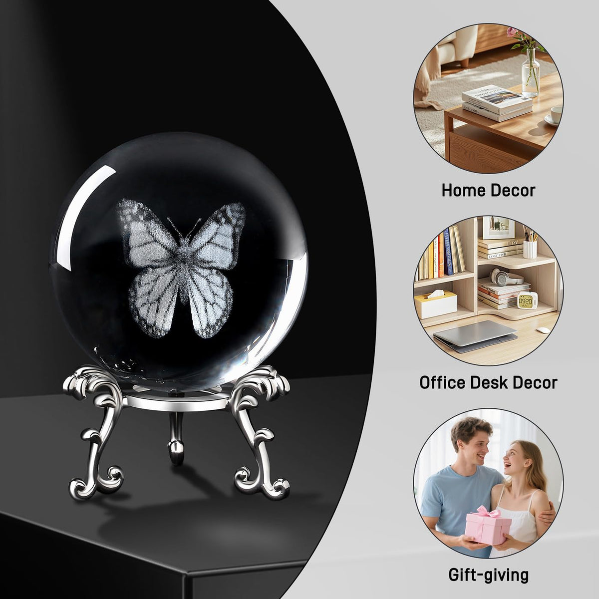 MAIBAOTA 3D Crystal Butterfly Gifts for Women Butterfly Figurines 60mm Glass Laser Ball Paperweight with Stand Glass Sphere