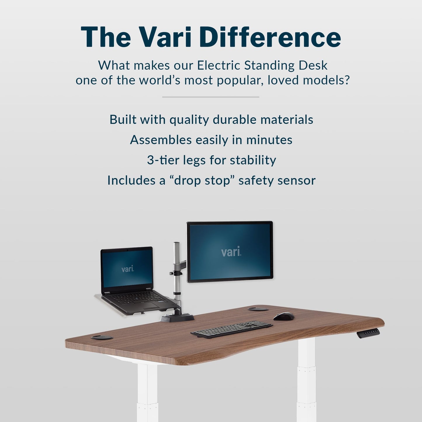Vari Ergo 54x26 Electric Standing Desk – Height Adjustable Sit Stand VariDesk + Curved Waterfall Edge, 4 Memory Settings, Quick Assembly, Cable Management, 200 lb Capacity – Walnut (2 Boxes)