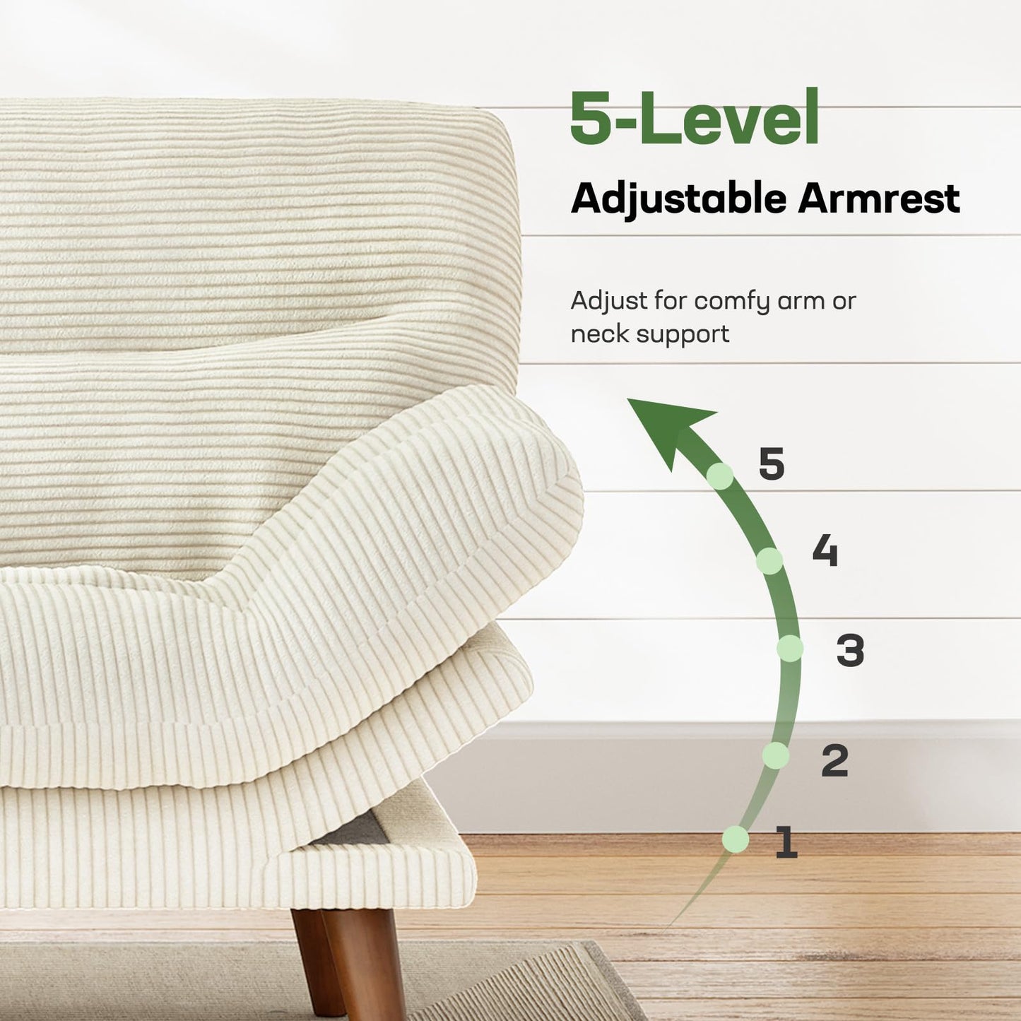 Marsail 66" Futon Sofa Bed, Convertible Corduroy Futon Couch with Adjustable Backrest & Armrests, Small Sleeper Sofa Loveseat for Living Room, Apartment, Office, White