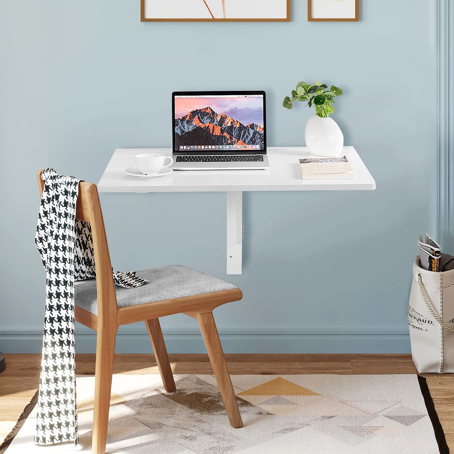 COSTWAY Wall Mounted Folding Table, 31.5" x 23.5" Drop-Leaf Floating Writing Desk for Small Spaces, Space-Saving Fold Down Laptop Workstation for Kitchen, Bedroom, Laundry Room, Study Room (White)