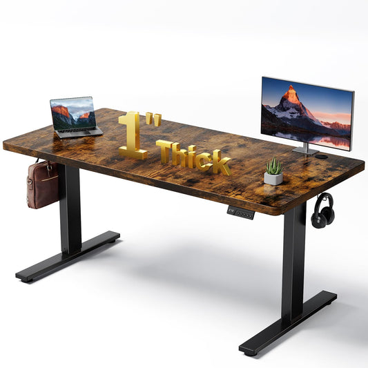 DeskShow 1 Inch Thick Tabletop Electric Standing Desk Adjustable - 60x28 Inch Sit Stand Desk, Double Beam Frame, 3 Memory Height Adjustment, Cable Management for Home Office