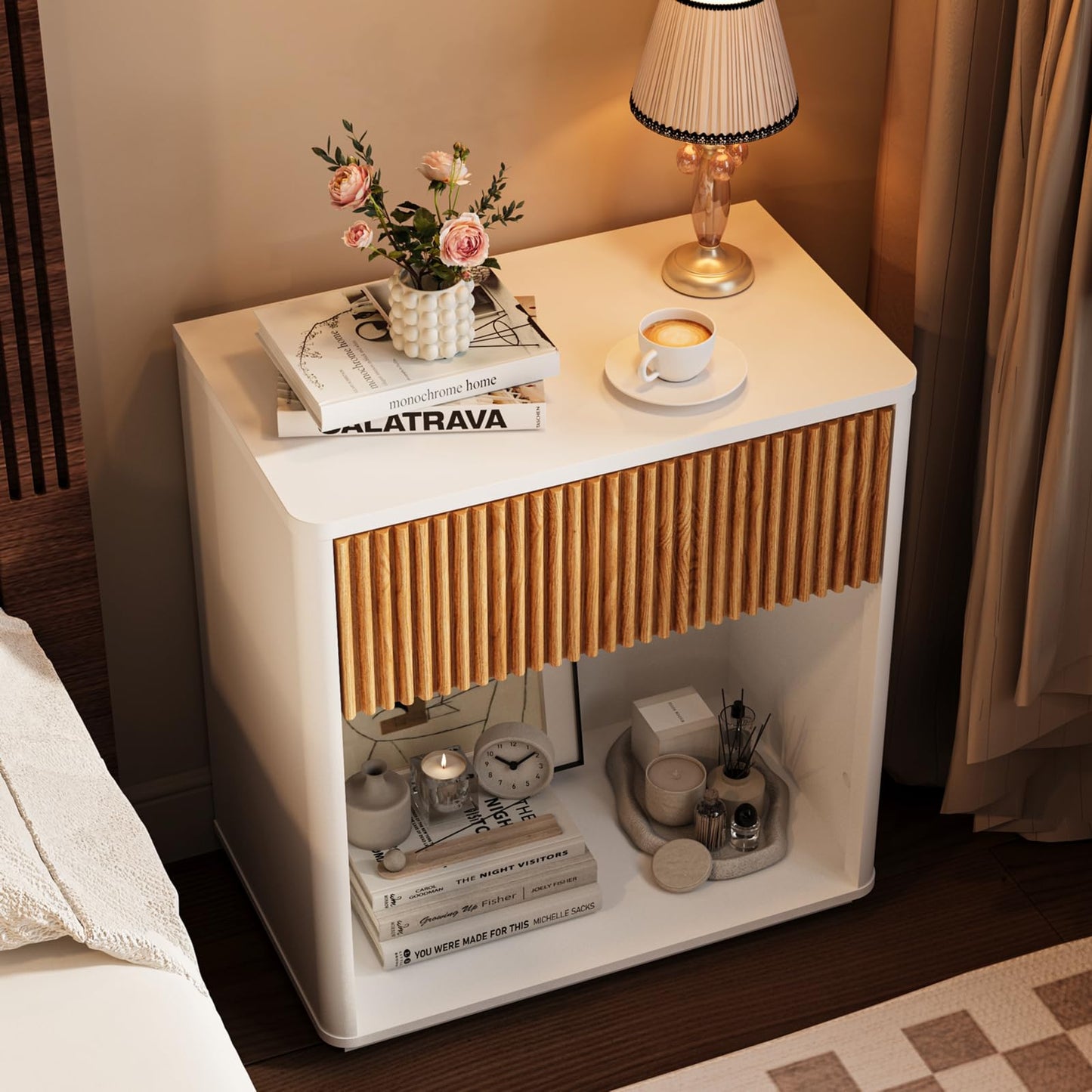 Cychuily Modern Fluted Nightstand Set of 2 for Bedroom, Mid Century Bedside Table with Drawer & Open Shelf, Wood End Table, Farmhouse Night Stand for Home, Hallway, Office, White