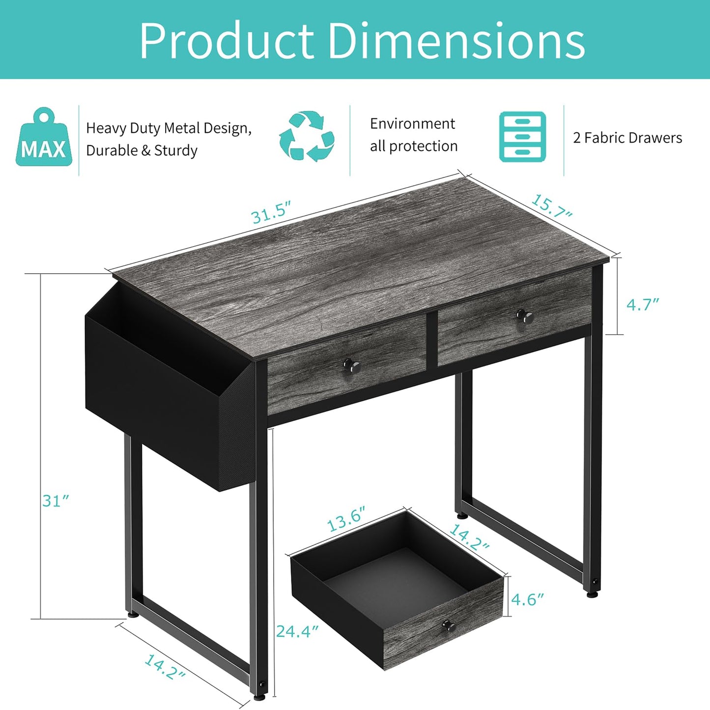 Lufeiya Small Desk with Drawers - for Bedroom, 32 Inch Home Office Computer Desk with Fabric Storage Drawer and Bag, Study Writing Table for Small Spaces, Gray