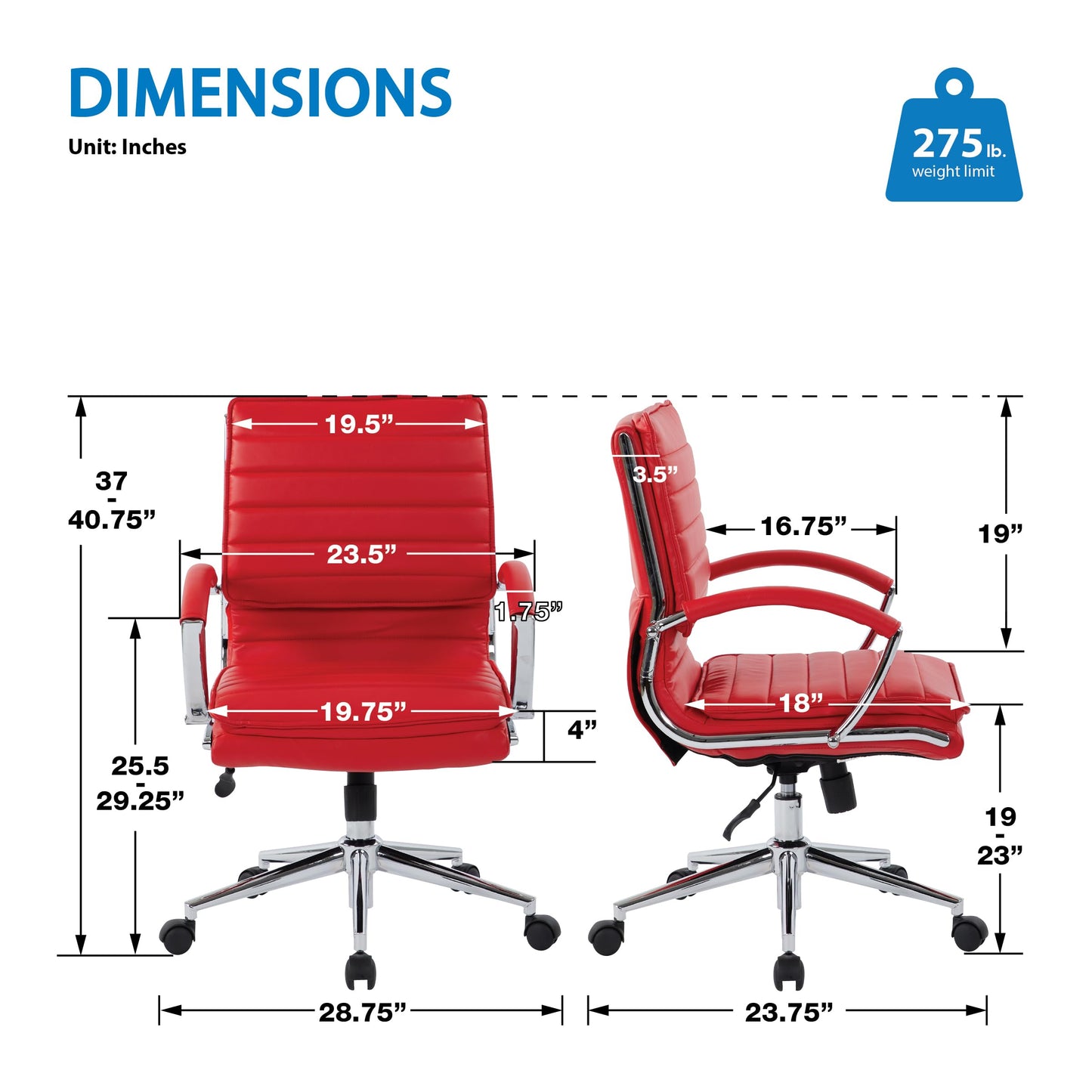 Office Star SPX Professional Ergonomic Ribbed Faux Leather Office Chair with Chrome Base, Mid Back Manager's Chair with Loop Arms, Red