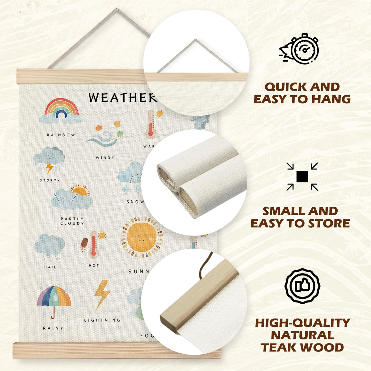 Supwhd Weather Poster, Weather Educational Poster Frame, Nursery Wall Decor, Weather Learning Postersfor Nursery Kids Room Playroom Classroom Preschool Decor, 12x16