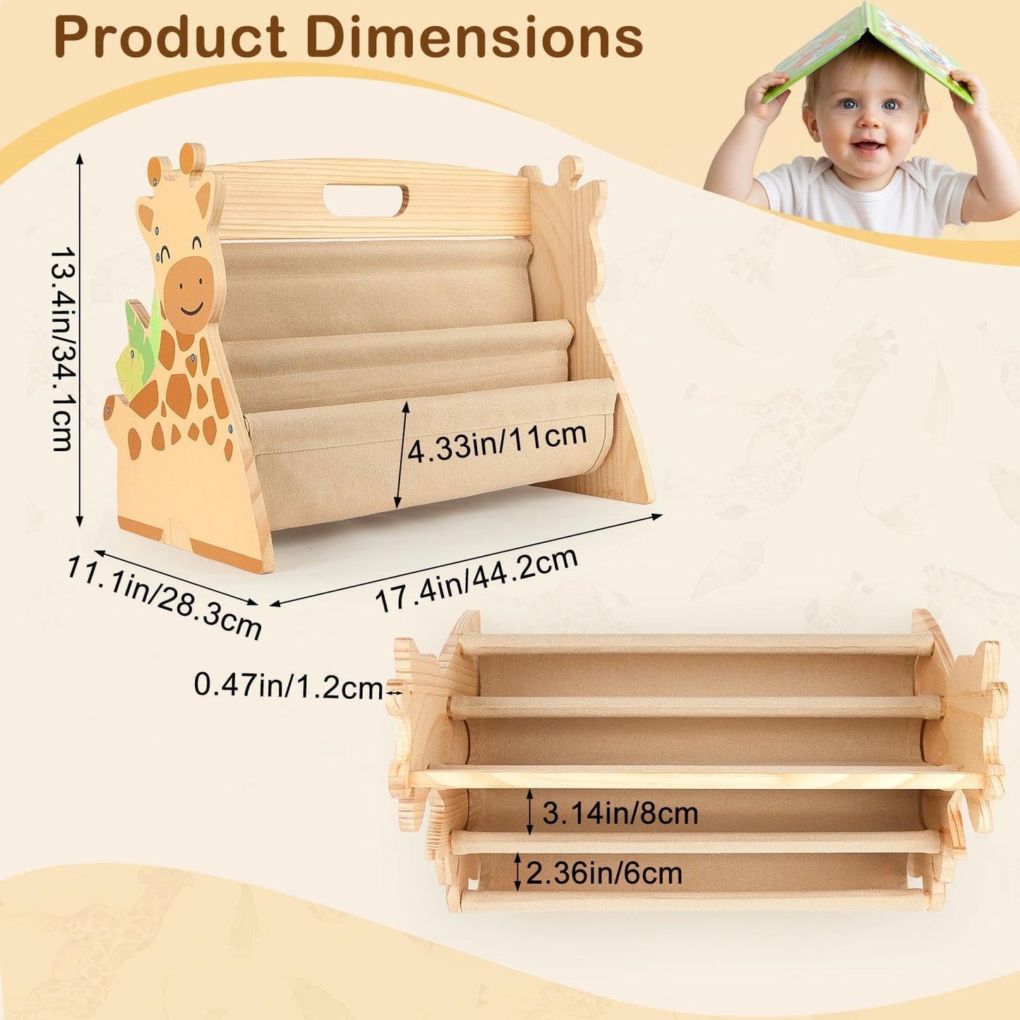 SheSeek Toddler Bookshelf Double-Sided with 4 Tier Deep Sleeves Kids Wooden Montessori Book Rack for Baby Nursery Room, Playroom, Classroom or Bedroom Bookcase Storage Organizer, Light Wood Giraffe
