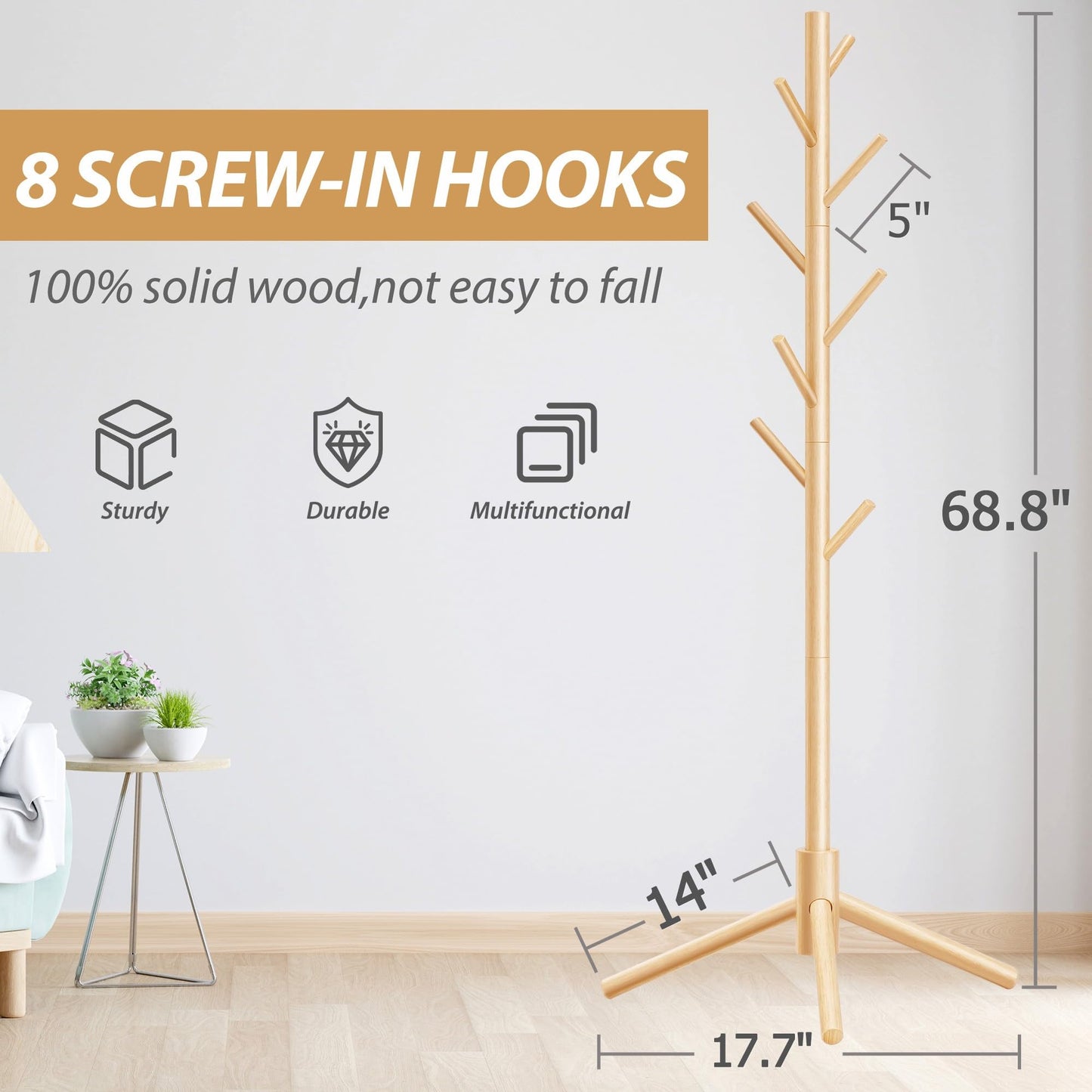 Unisakey Durable Wooden Coat Rack, Freestanding Coat Rack with Stable Triangular Base, 8 Hooks & 3 Adjustable Heights, Simple Assembly for Bedroom, Hallway, Office(New Nature)